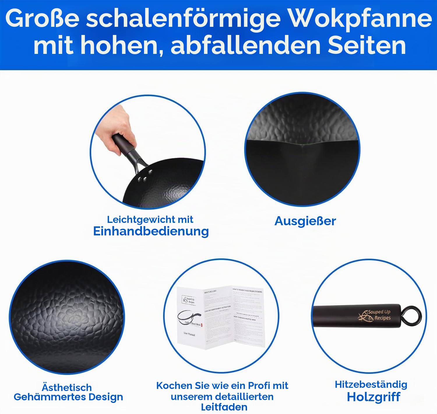 Souped Up Recipes 32cm/6L Bratpfanne Wokpfanne Pfannenset Pfanne Chinesische Pfanne aus Karbonstahl für Elektroherden Induktionsherd Gasherd (Deckel, Spatel und Benutzerführung sind enthalten)