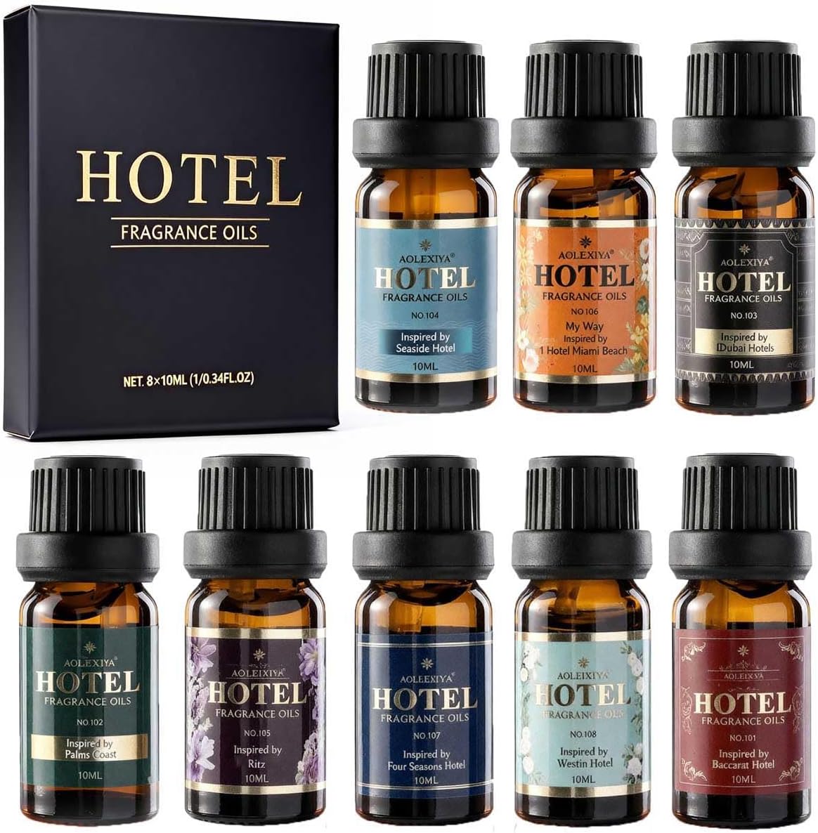 Hotel Diffuser Oil Gift Set - Inspired by 5-Star Hotel Fragrance Oil Set - My Way, White Tea,Baccarat,Four Seasons,Dubai,Beachfront Villa,Paris Coast