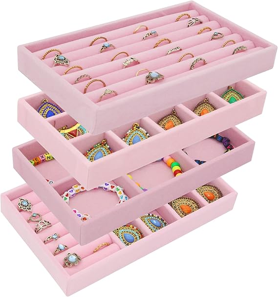 Jewelry Storage Display Trays, Set of 4 Velvet Jewelry Tray,Stackable