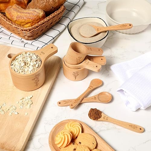 Miniatura 5 de Juego de 8 tazas y cucharas medidoras de madera floral  Juego de 8 accesorios de cocina de haya natural para harina, azúcar, especias para hornear,