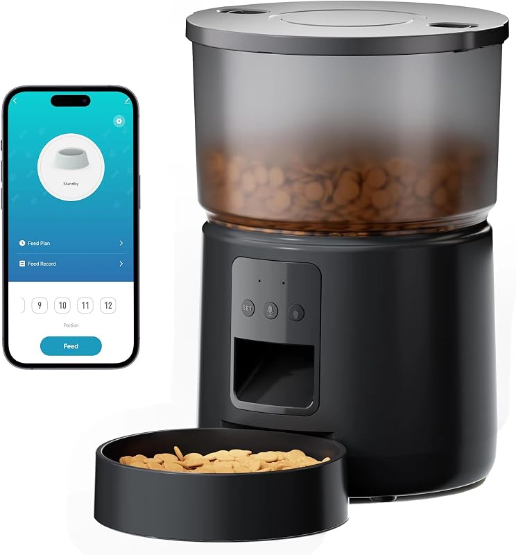 BEMOONY Automata Macska Kutya Etetőgép WiFi Applikációval - 3L Száraztáp Adagoló Hangrögzítéssel - Fekete