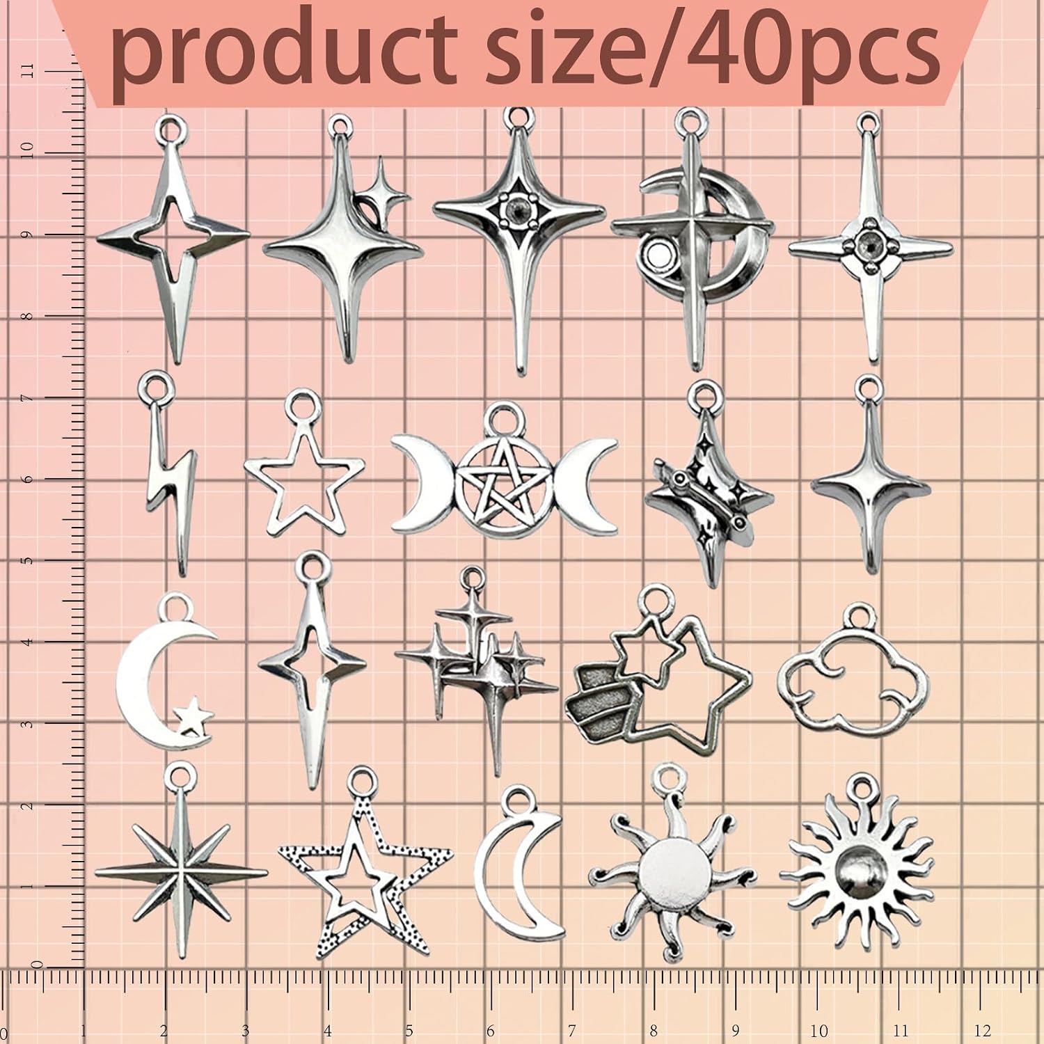 40Pcs Celestial Charm Set Stainless Steel Vintage Antique Silver Moon Star Sun Pendants for DIY Jewelry Making Necklaces Earrings Bracelets Boho Craft Supplies image 2