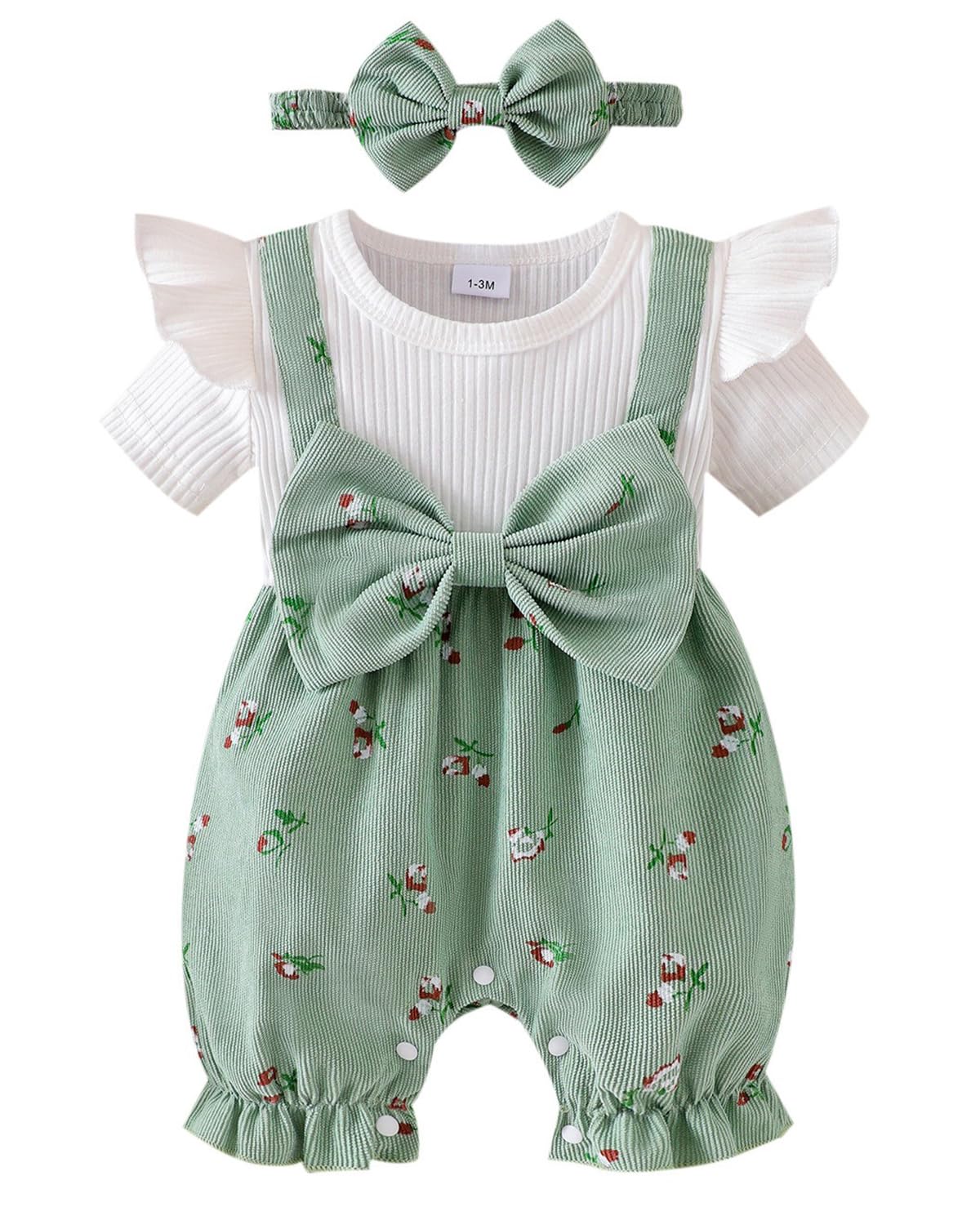 WYTbaby Vêtements Bébé Filles Barboteuse à Manches Longues Combinaison à Fleurs avec Nœud Papillon Tenues Printemps Automne Ensemble de Vêtements pour 1-18 Mois