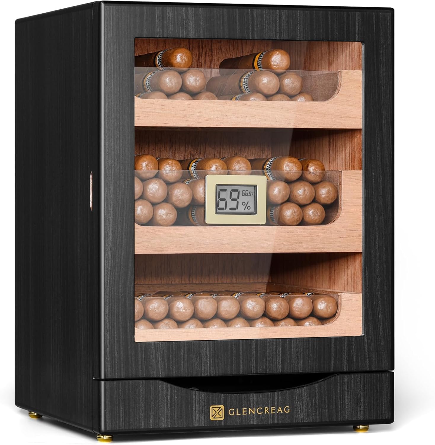 met-1031 cigar humidor cabinet for 100 to 150 cigars with spanish cedar lining, tight-seal magnetic door, 3+1 large capacity drawers, gift for cigar aficionado (ebony)