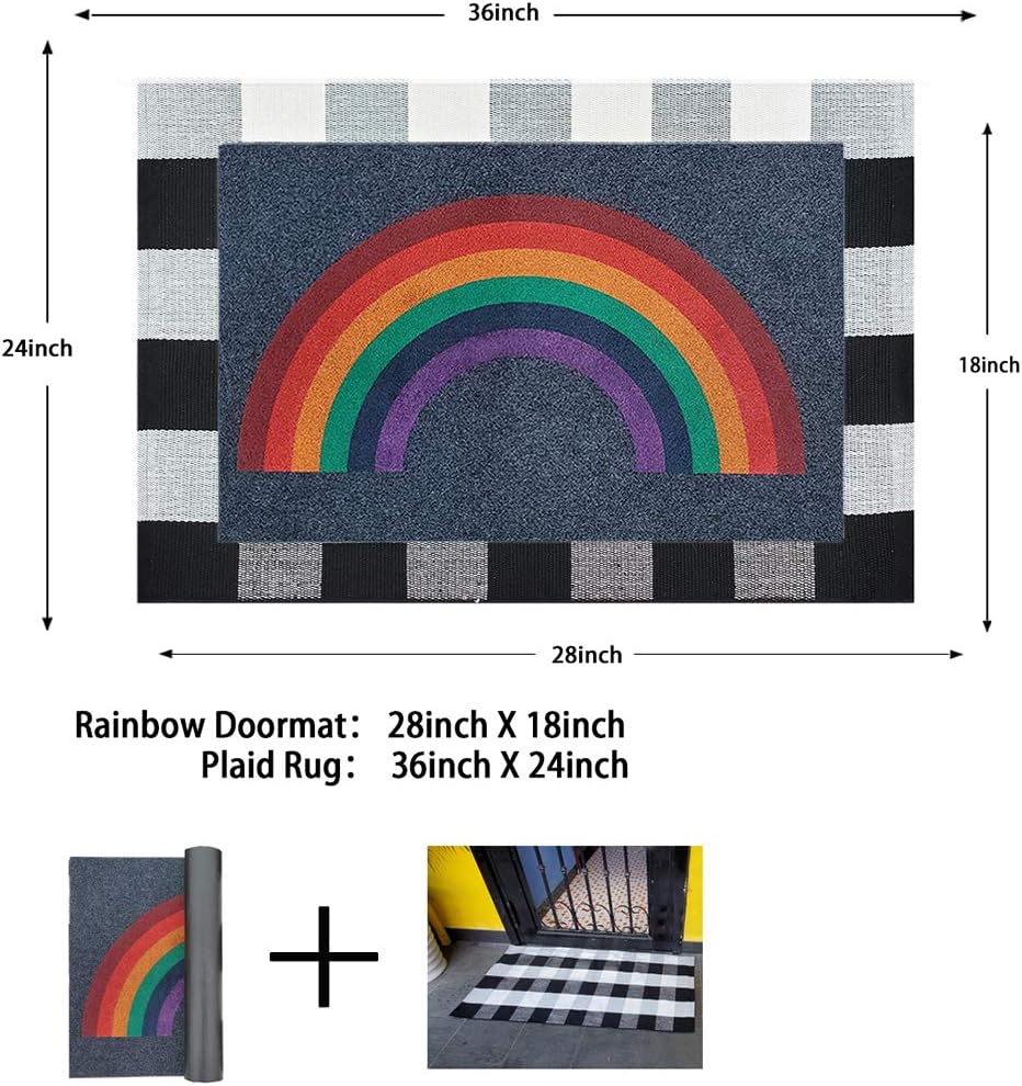 LAN SHAN QUE Door Mat Combo Set Rainbow Welcome Mats for Front Door 18"x28" with Non Slip Rubber Backing+Buffalo Plaid Rug 24"x36" Black and White for Layered Decorative Entryway Indoor Doormat
