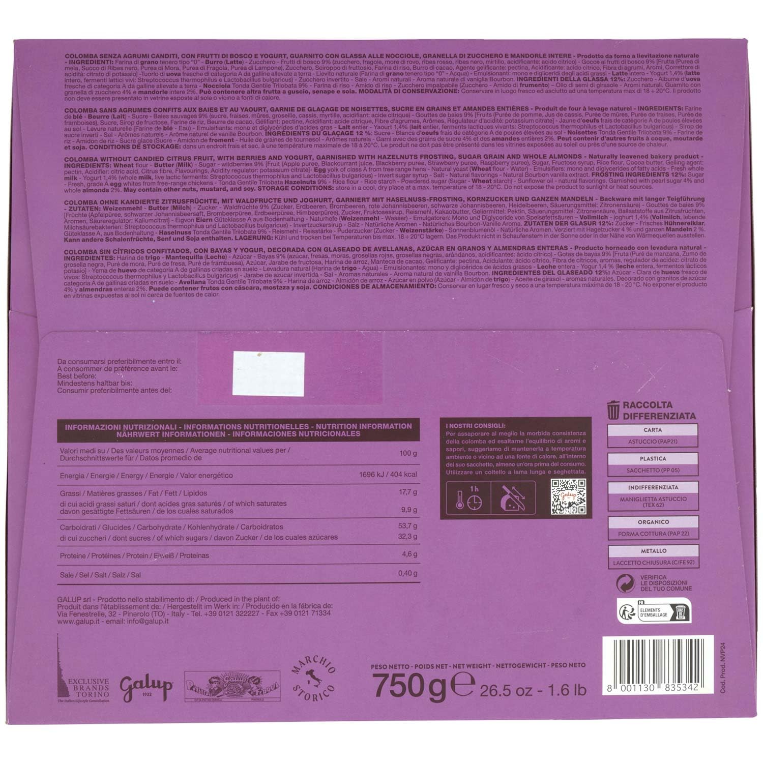 Galup Colomba Frutti Di Bosco E Yogurt, 750g