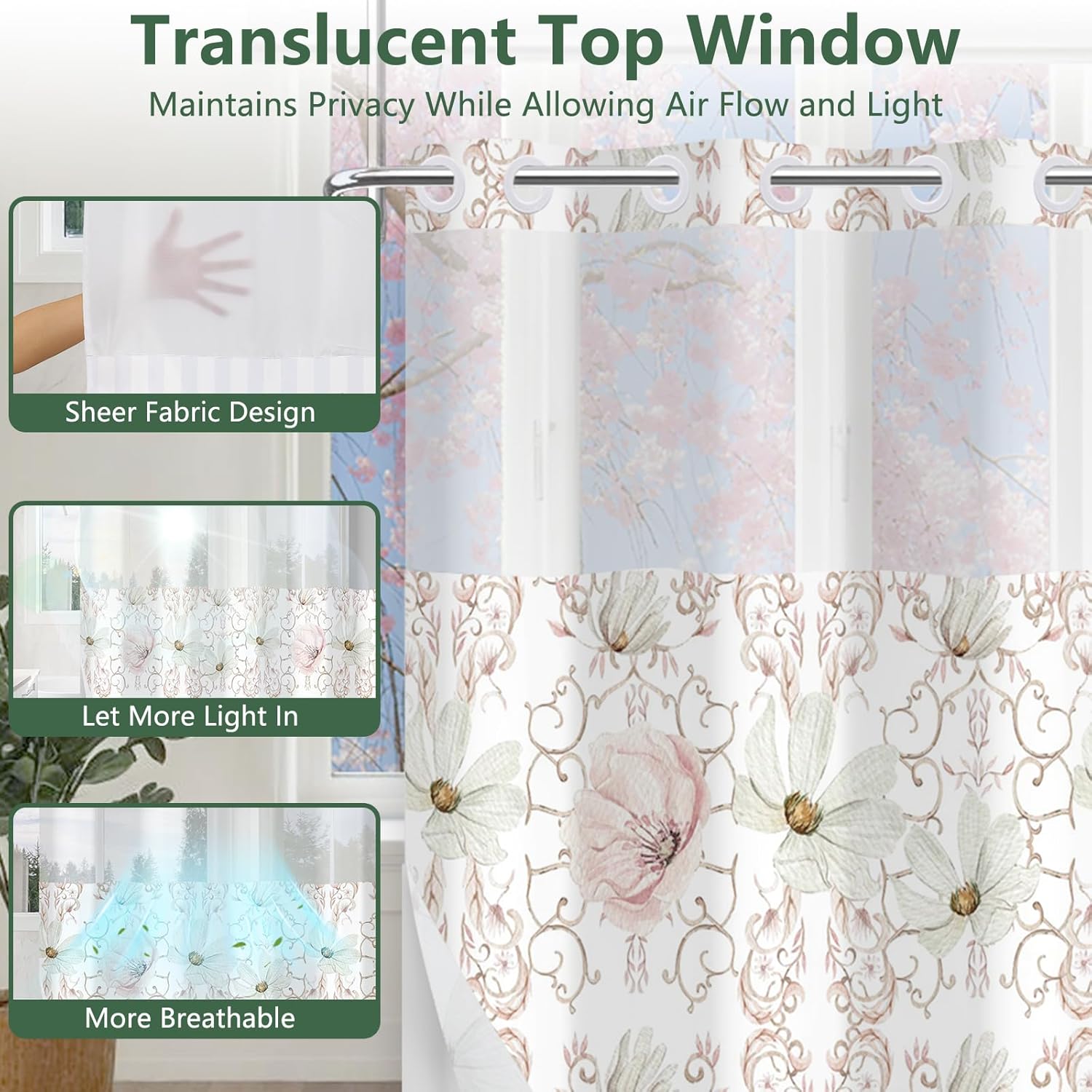 No Hook Fabric Shower Curtain with Snap in Liner, Floral Vintage Shower Curtain with See Through Window and Weighted Bottom, Double-Layer Waterproof Bathroom Shower Curtains, 71x74 Inches