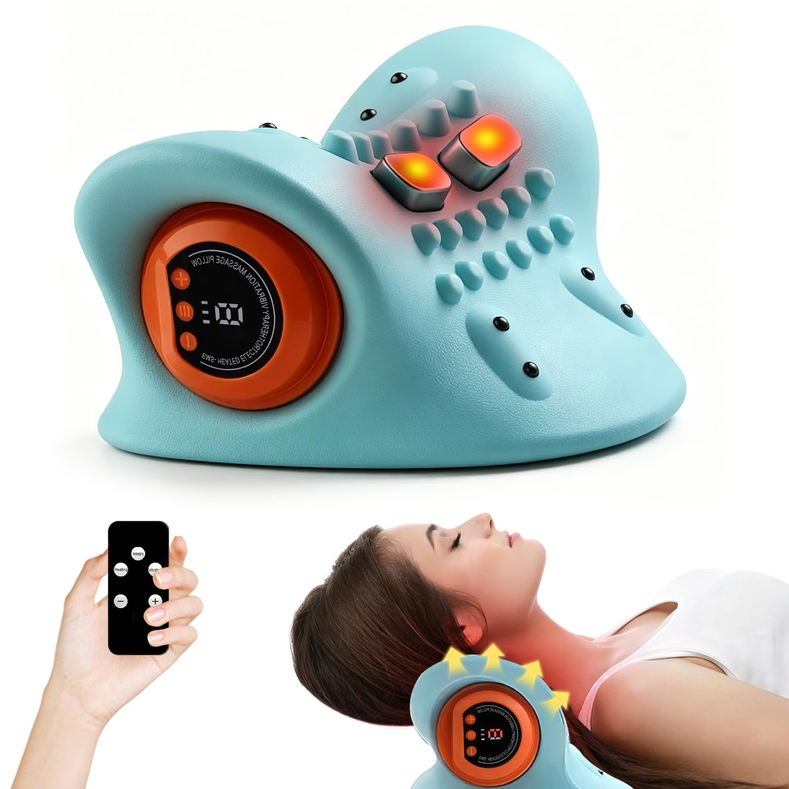Masajeador de cuello, masajeador de espalda y hombros y cuello con calor, dispositivo de tracción cervical, almohada de tracción cervical, 3 modos, 6 velocidades para alivio de cuerpo completo