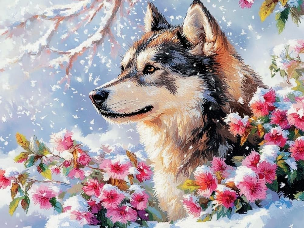 Brennora Cross Stitch Kits for Adults Snowflake Wolf 11CT Pre-Printed Stamped Embroidery Kit DIY Handmade Home Wall Décor 40x50 cm