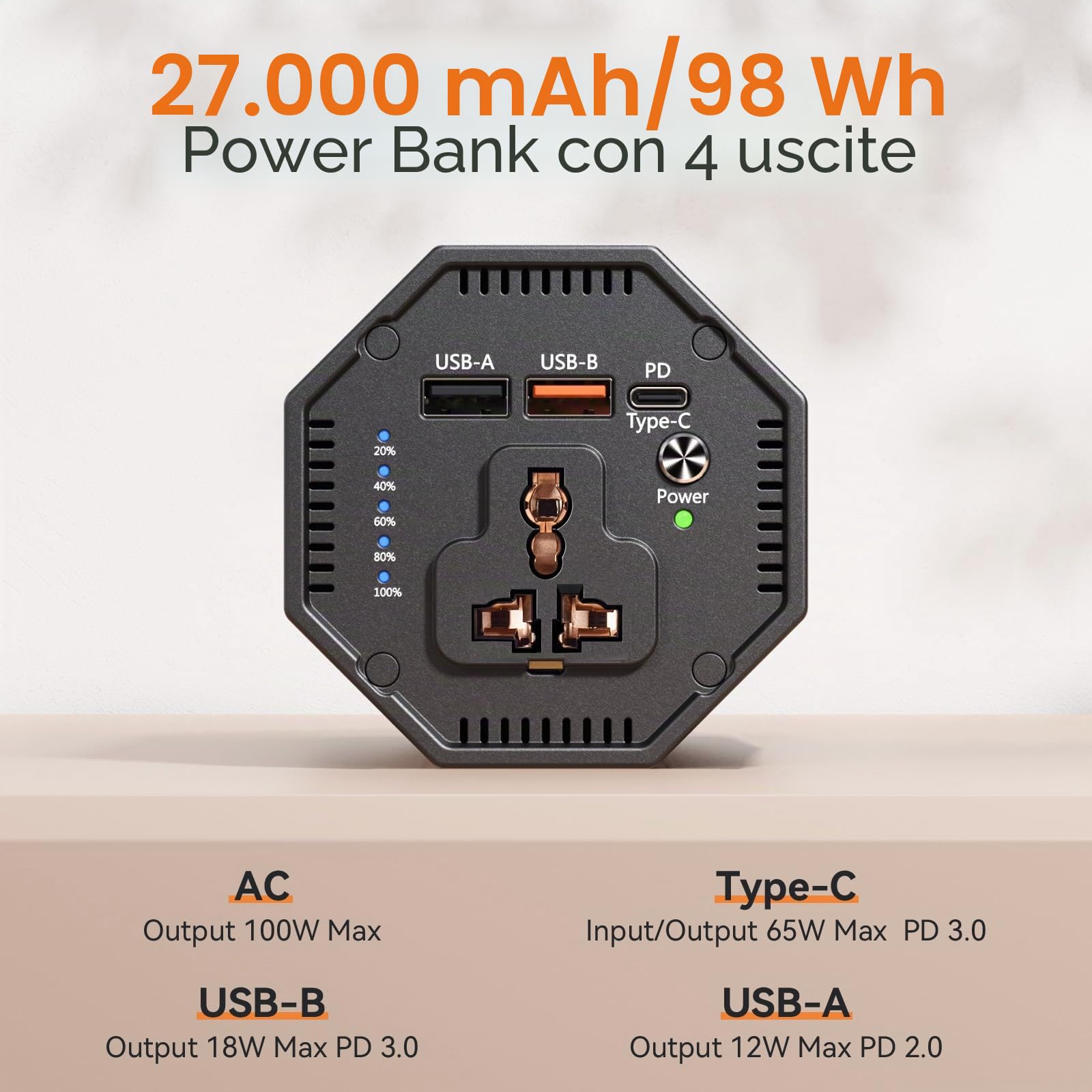 Powerstation - Batteria esterna da 98 wh, con presa AC da 100 W, con connettore USB, universale, caricatore da viaggio per laptop, MacBook Pro, notebook, tablet Gopro, cellulare, esterno P8