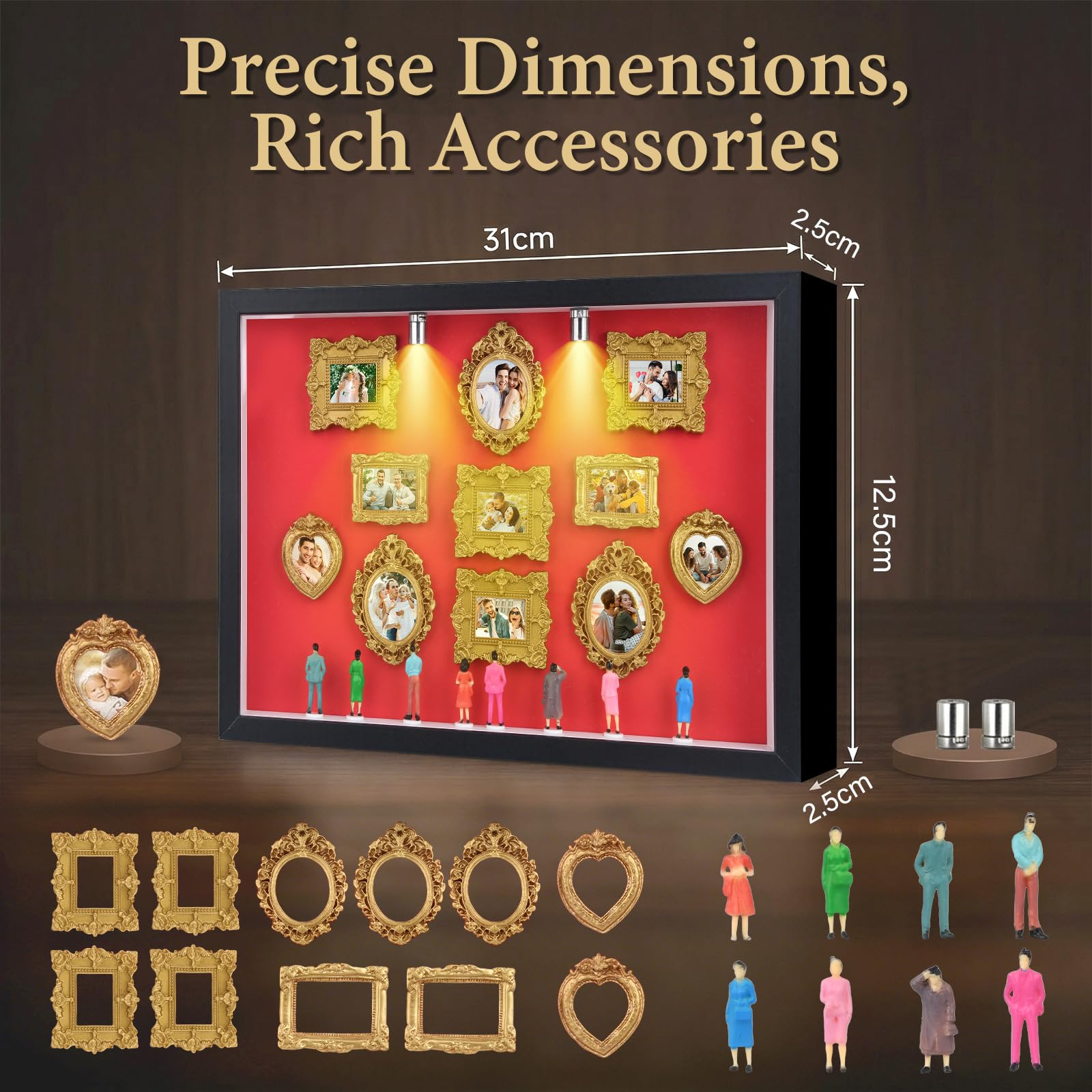 Pipihome DIY Mini Museum Bilderrahmen, Mini Figuren Menschen Museum Silhouette Box mit LED Licht & Golden Rahmen, Miniatur Menschen Bilderrahmen für Deko Wohnzimmer Schlafzimmer Jahrestag Hochzeit