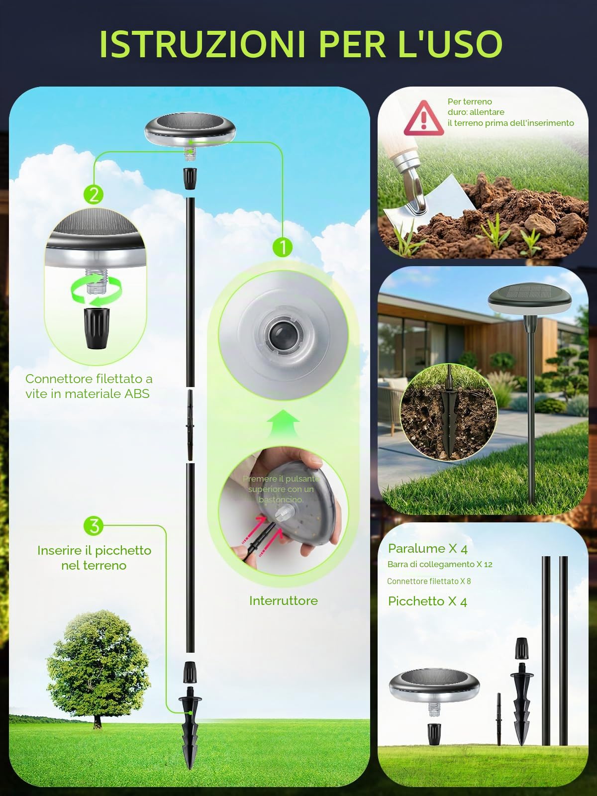 Luci Solari da Giardino 4 Pezzi, per Esterno Cortile, Prato,Terra | Bianco Caldo Lampada Solare da Esterno con 1000mAh, LED Luci Solari Giardino 34 lumen, IP65 Impermeabile