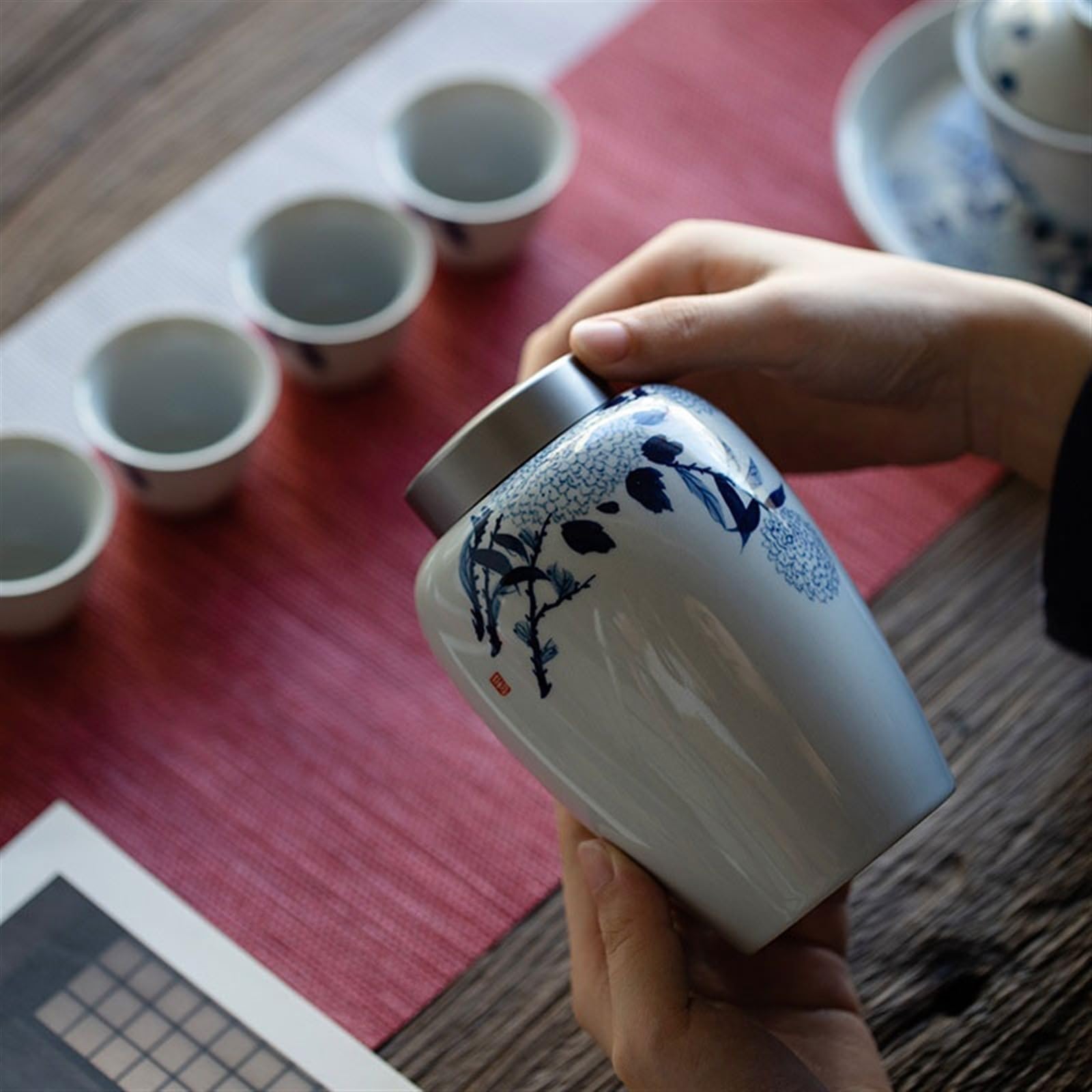 Tarro de Almacenamiento, Tarro de cerámica de Hortensia Pintado a Mano para Almacenamiento de té, Tapa de Aluminio, Tarro con Sello de Marea, Bote de té de cerámica para el ho