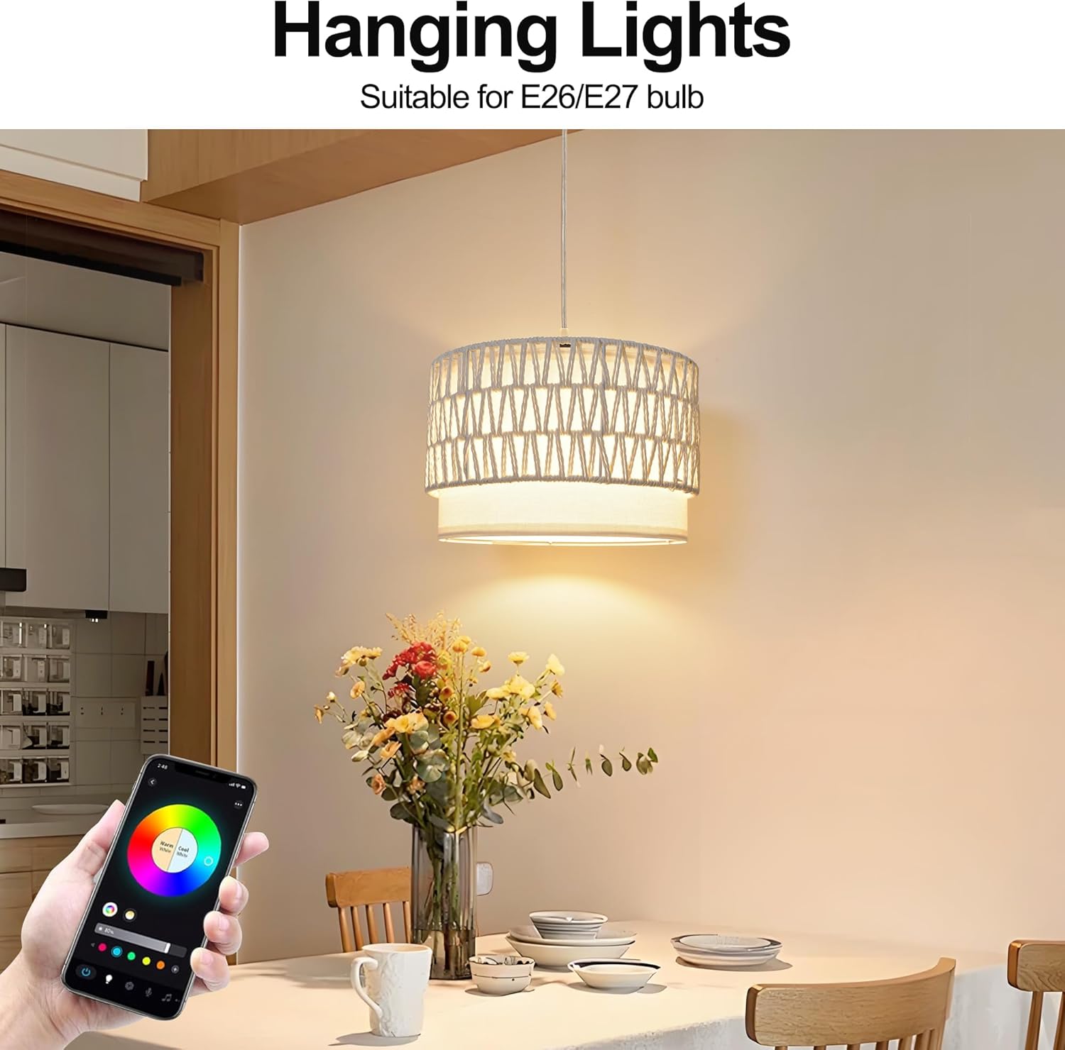 Plug in Hanging Lamp with RGB Smart Bulb Plug-in Cord Pendant Light with 15ft Cord Fixture Pendant Lights for Bedroom Kitchen Living Room Dining Room