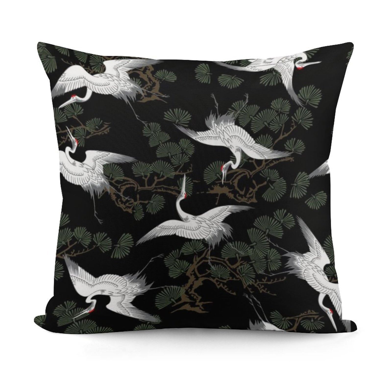 FekiLoot Japanese Crane & Pine Plush Cushion Covers, Double-Sided Throw Pillow Covers with Invisible Zipper, Comfortable Soft Square Cushion Cases for Sofa Bedroom Living Room 18x18 Inch (45x45cm)