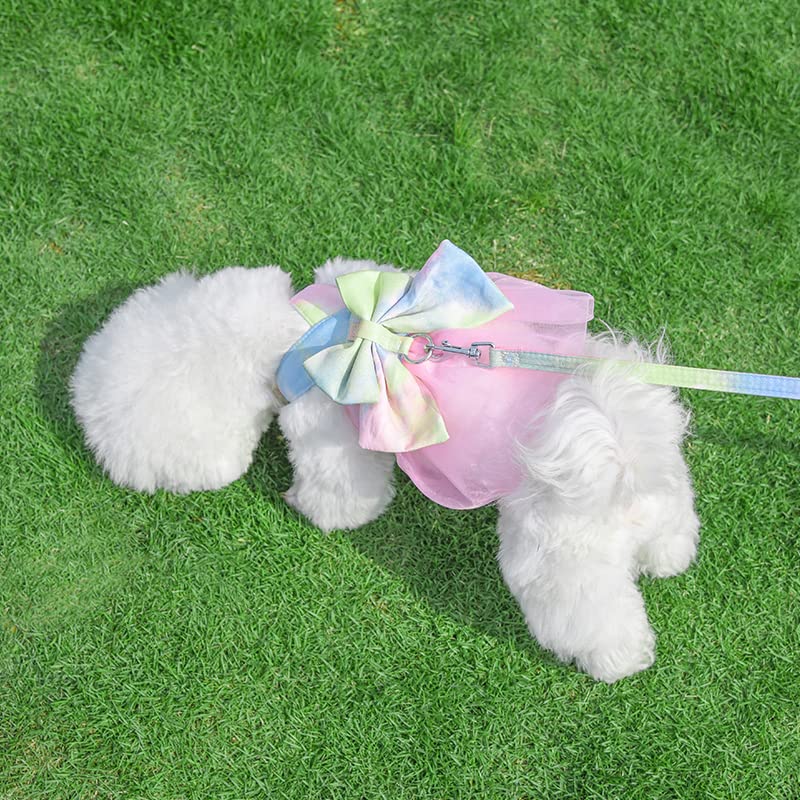Image of HDKUW Dog Harness Dress with Leash Set,Sweet Colorful Bow Dog Dress Soft Tutu Vest Pet Clothes for Cats Puppy Small Dogs Yellow XS