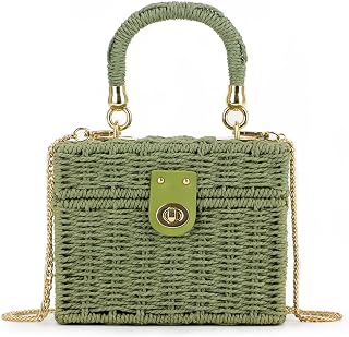 KUANG! Handwoven Rattan Bag for Women Woven Straw Square Crossbody Bag Vintage Basket Purse Beach Tote Bag
