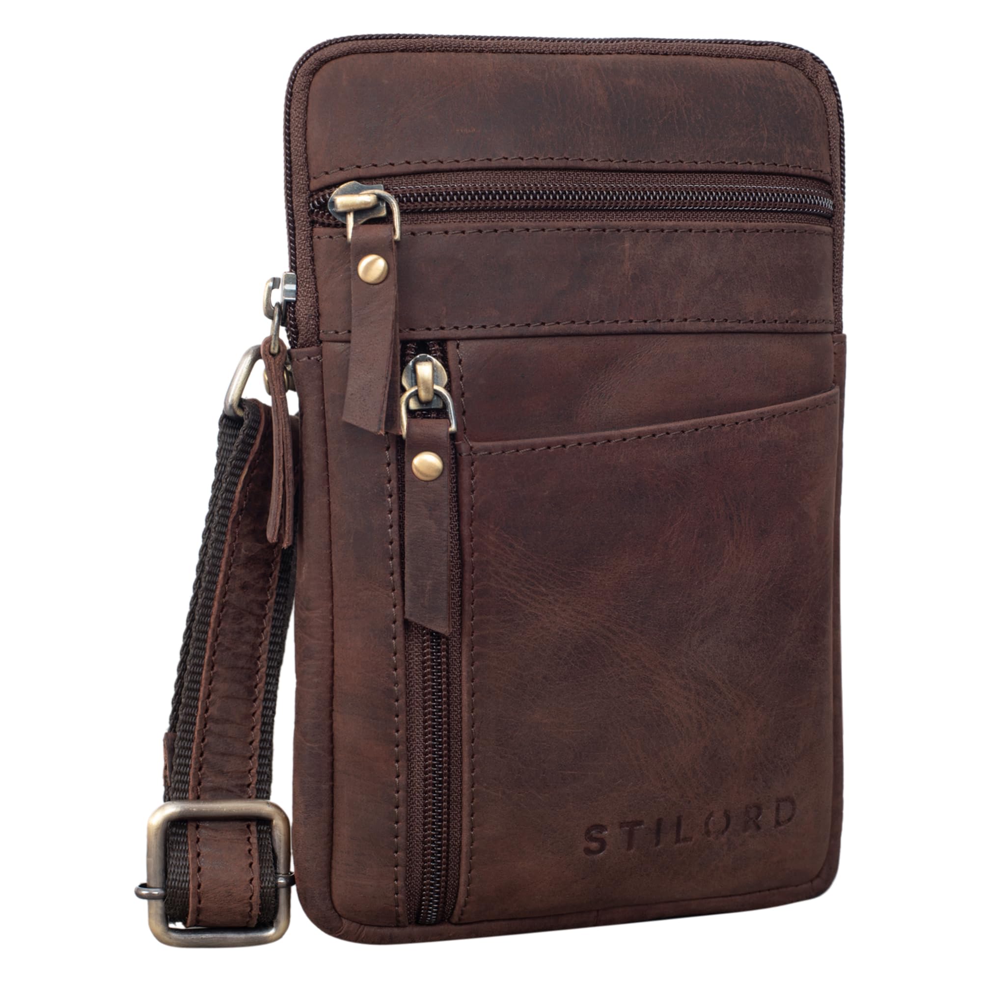 STILORD Brooks Leder Brustbeutel Gürteltasche Handytasche zum Umhängen Kleine Brusttasche für Handy Pass Reisebörse Crossbody Bag Vintage für Damen und Herren Farbe:Montero - braun