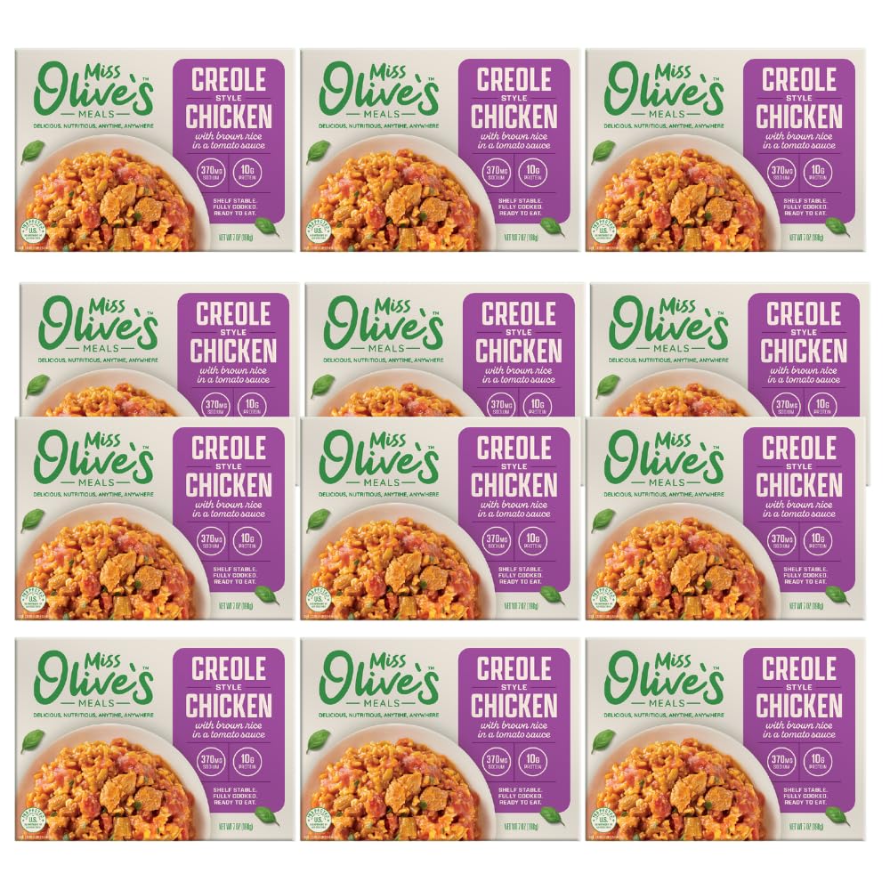 Miss Olive’s Creole Style Chicken with Brown Rice – Shelf-Stable Microwavable Ready Meals, Lower Sodium (12 Pack, 7 oz Each) – Fully Cooked Healthy Heat & Eat Meals