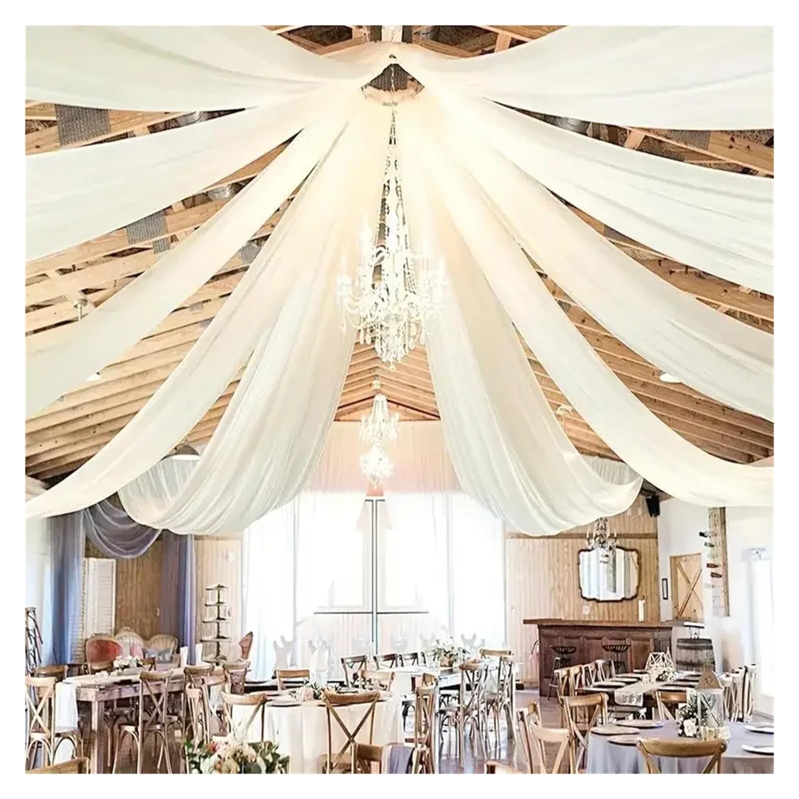 Panneaux De Rideaux De Plafond Rideaux de Plafond en Mousseline Soie for Mariage, drapage Tissu Transparent, Toile Fond Vert foncé, Arc for cérémonie Plein air(1PCS Ivory,W150XH1200cm)