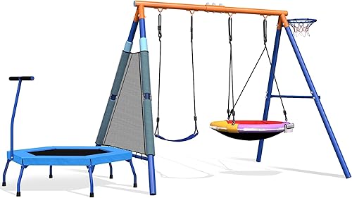 Miniatura 4 de Juego de columpios 2 en 1 para niños, juego de columpios para exteriores de 500 libras, 1 asiento de columpio con platillo y 1 cinturón para