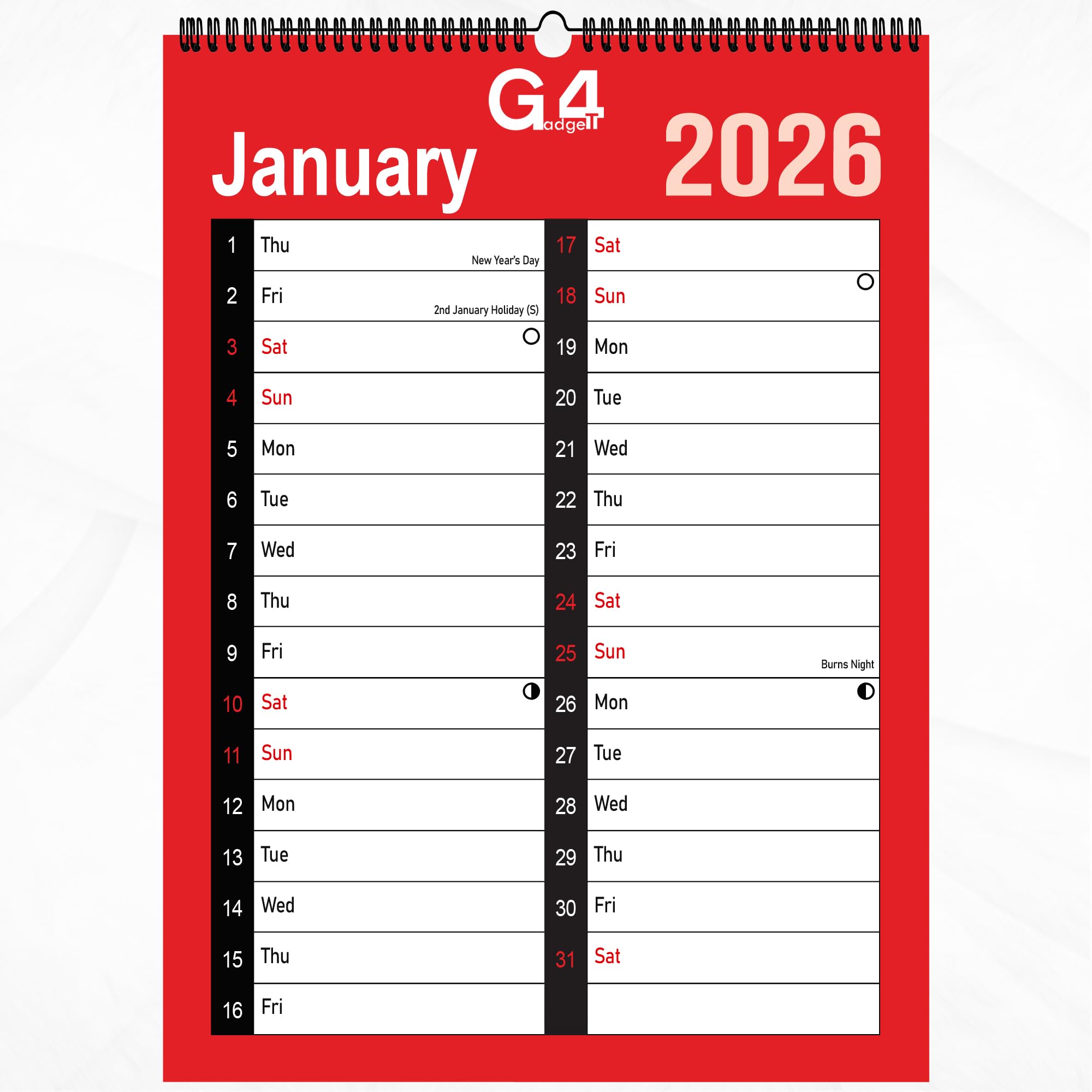 G4GADGET 2026 A4 Month to View Wall Calendar – 2 Column Spiral Bound Planner with UK Holidays | Red & White Hanging Monthly Organiser for Home, Office, School & Business
