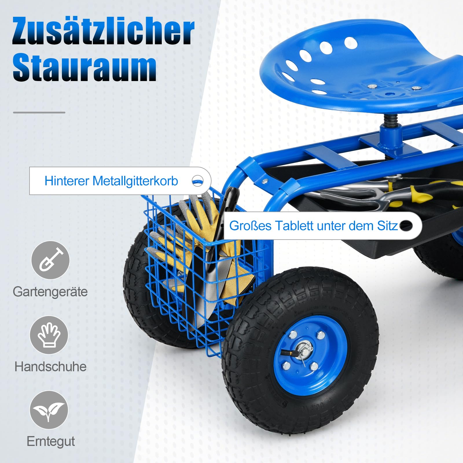 RELAX4LIFE Rollsitz mit Ablage & Korb, Gartensitz mit 4 Rädern, Gartenrollsitz 360 ° Drehbar & Höhenverstellbar 46-53cm, Fahrbarer Arbeitssitz, bis 150kg Belastbar, für Gartenarbeit Autopflege (Blau)