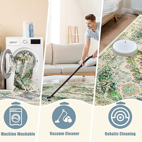 Miniatura 5 de Alfombra verde de 5 x 7 pies, lavable, bohemio, grande, antideslizante, suave, oriental vintage, para sala de estar, comedor, guardería, hogar,