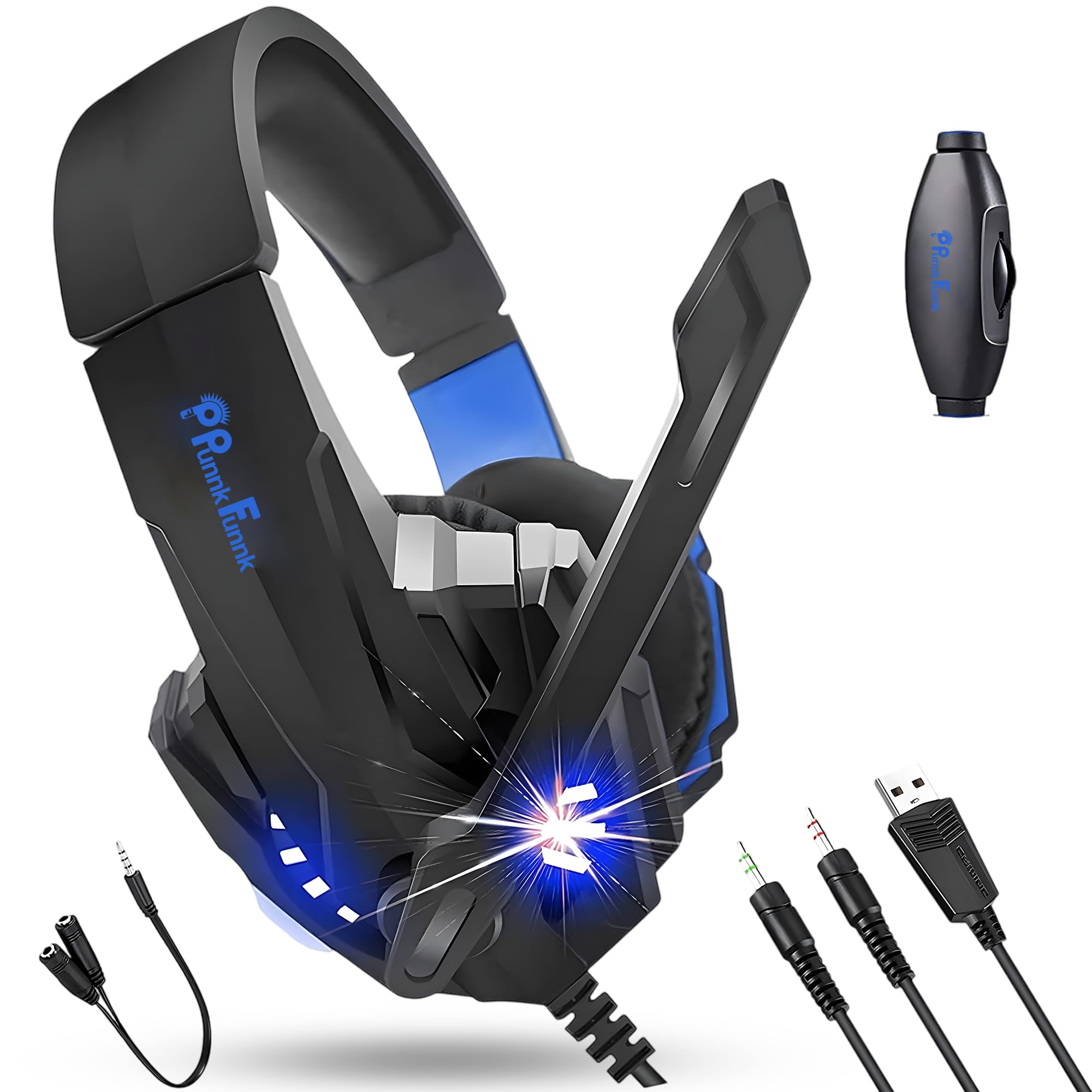 PunnkFunnk K20 Gaming Headset with Noise Isolating Microphone, Stereo Sound, LED Lights, Adjustable Headband, USB Powered & 3.5mm Jack, Compatible with PC, Laptop, PS4, Xbox & Mobile (Black/Blue)-picture-11