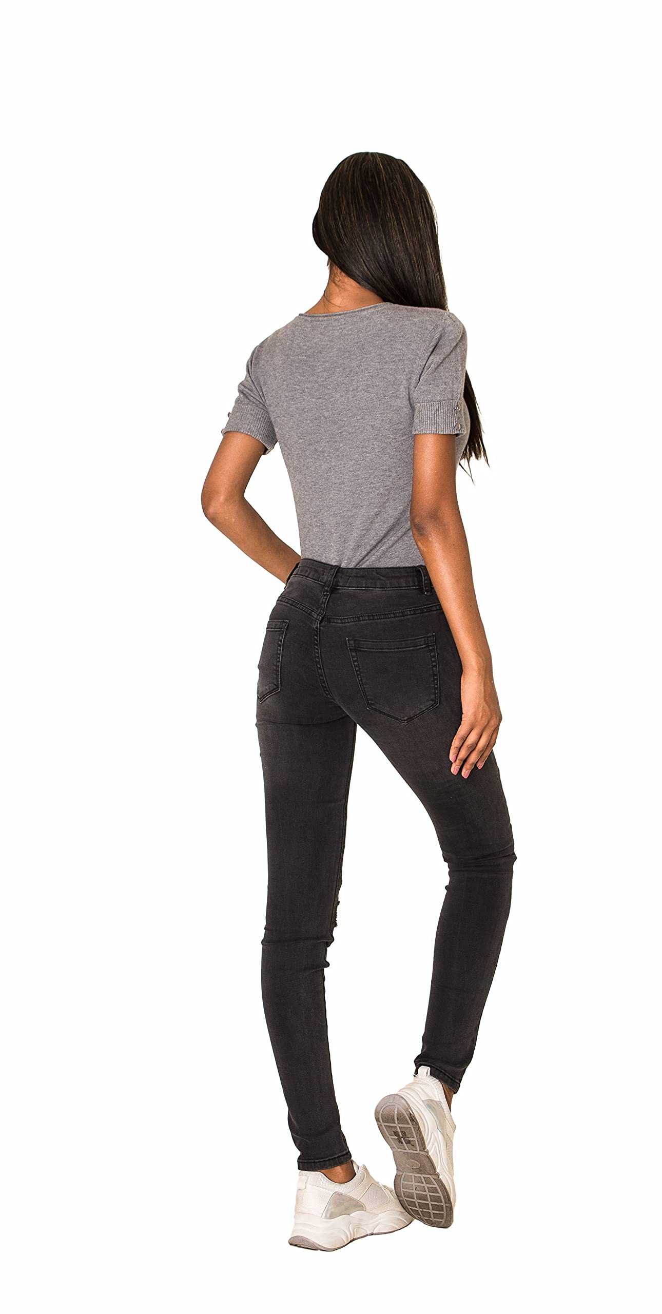 Nina Carter P100 Damen Skinny Fit Low Waist Jeanshosen mit Destroyed-Effekten Used-Look Jeans Waschungseffekt
