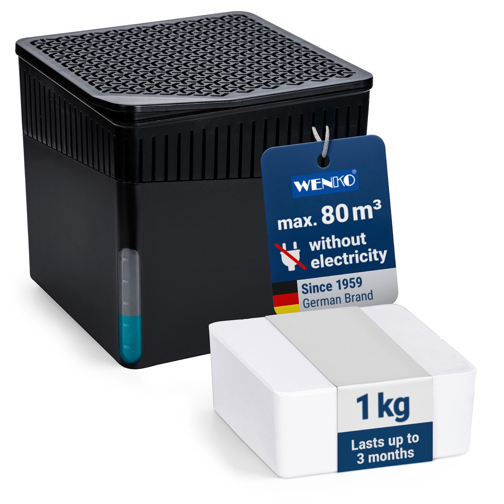 Wenko Deumidificatore Cube 1000 g, per ambienti fino a 80 m³, previene muffa e cattivi odori, senza elettricità, silenzioso, ricaricabile, nero