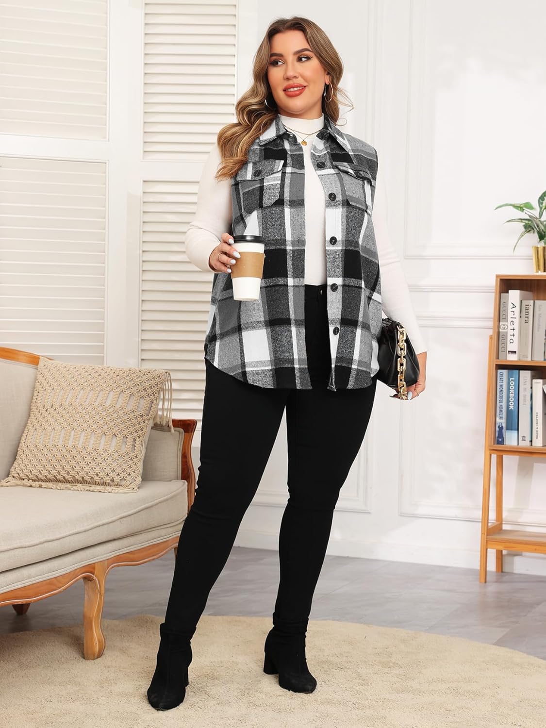 CYCLAMEN プラスサイズ レディース フランネル チェック柄 ロングベスト ボタンダウン ノースリーブ ジャケット シャケット