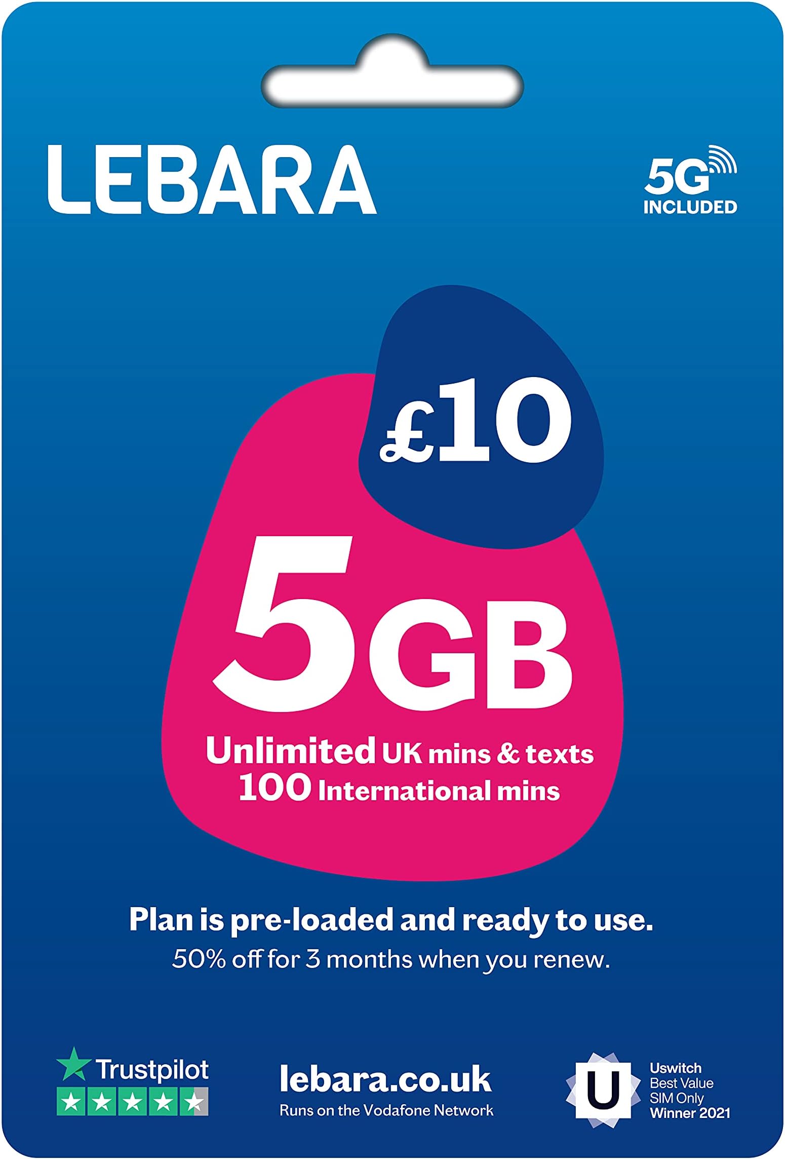 Lebara UK Pay As You Go SIM Card - 5GB Data, Unlimited UK Minutes & Texts, 100 International minutes for £10
