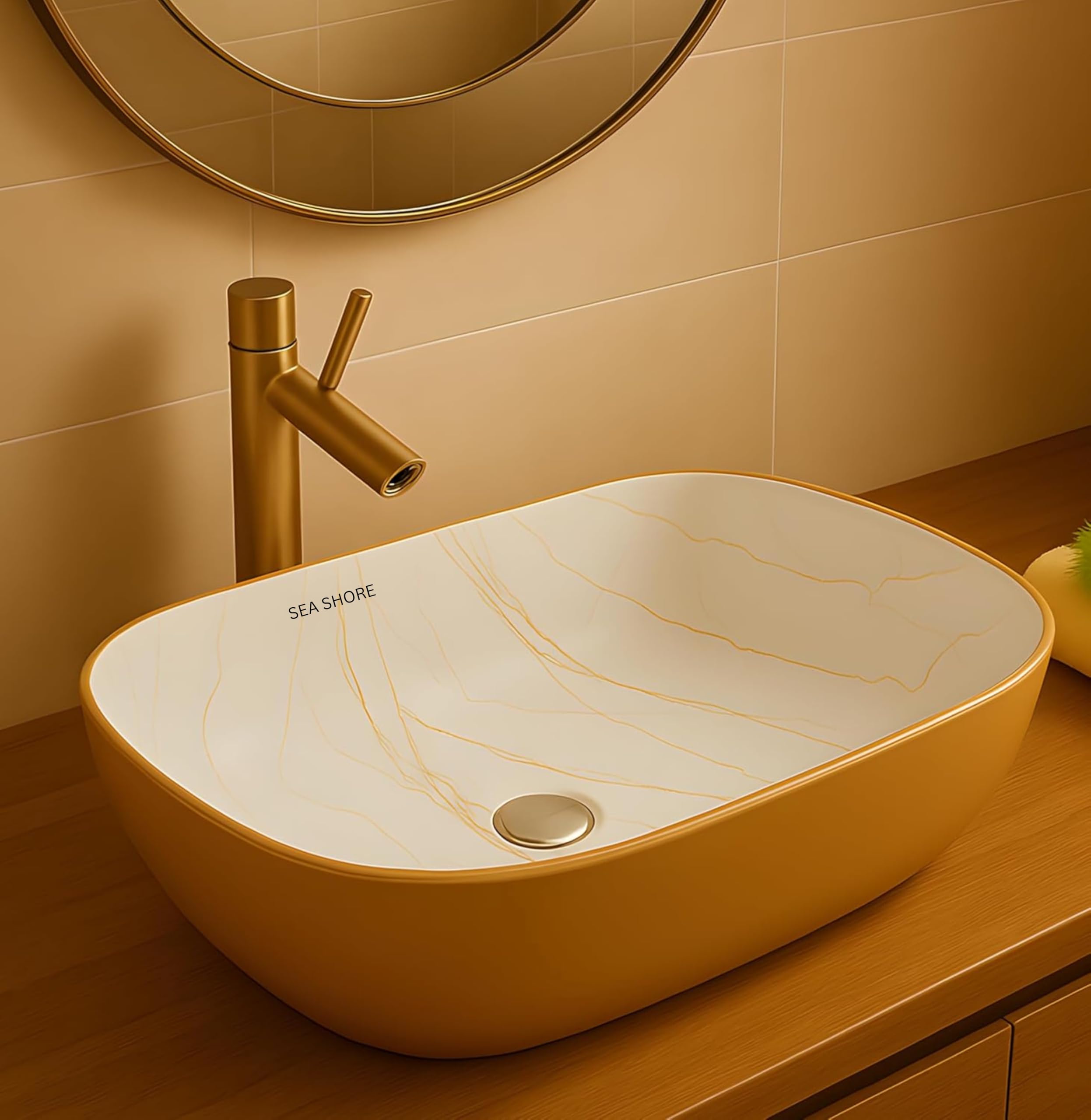SEA SHORE Premium Gold & White Table Top Wash Basin – Countertop Vessel Sink with Slim Rim for Modern Bathroom or Living Room (18 x 13 x 5.5 Inch)