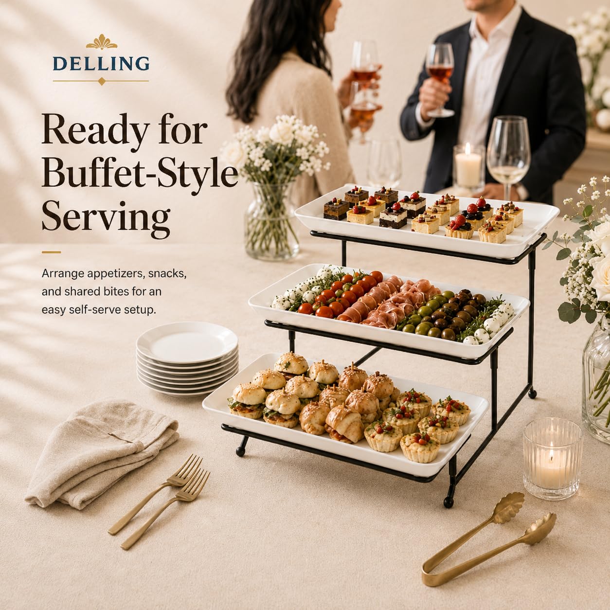 buffet table with tiered stands and serving dishes for dinner party