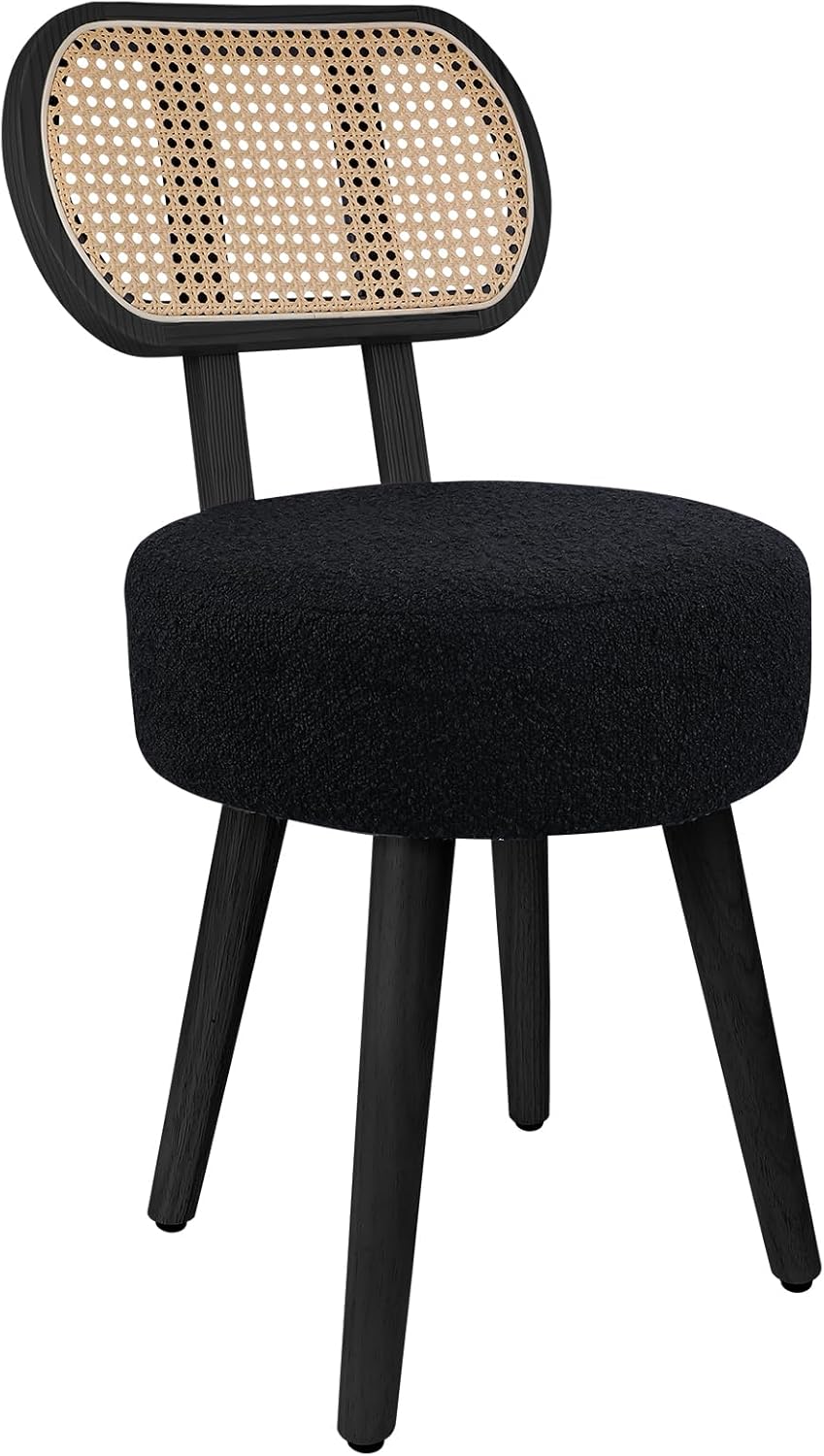 ZYBT Rattan Boho Makeup Vanity Chair for Makeup Room, Small Dining Chair, Mid Century Modern Boucle Chair, Black Cane Dining Chairs, Upholstered Wood Accent Chair, Cute Sherpa Chair with Back, 1 Pc Black Vanity Chair