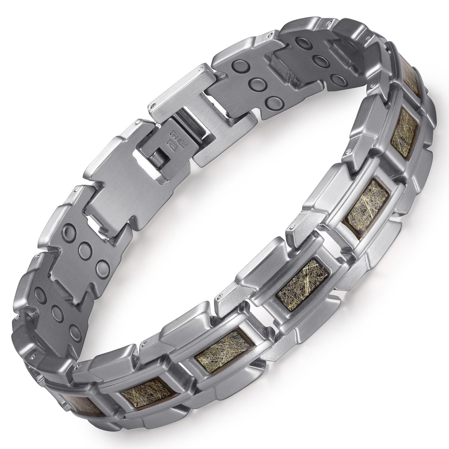 RainSo Bracelet magnétique pour homme, bracelet magnétique à trois rangs en acier inoxydable avec fermoir Scorpion, livré avec un outil de retrait de maillons gratuit (argent et champagne)