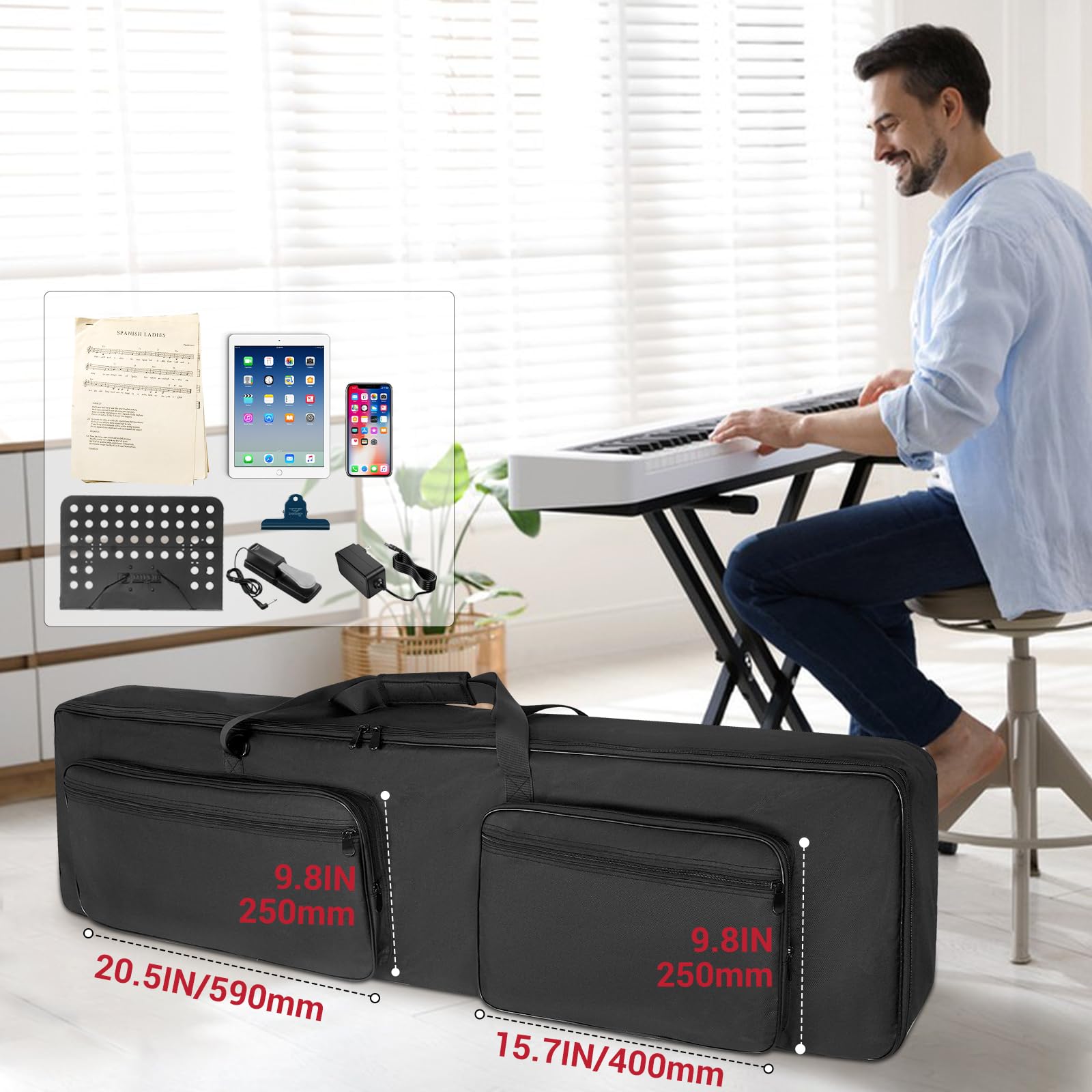 SUNDOY Housse de Transport Fine pour Clavier 88 en Tissu Oxford 600D Robuste, Rembourrage en Mousse de 8 mm, Parfait pour Le Transport de claviers, Accessoires de Musique et Plus Encore