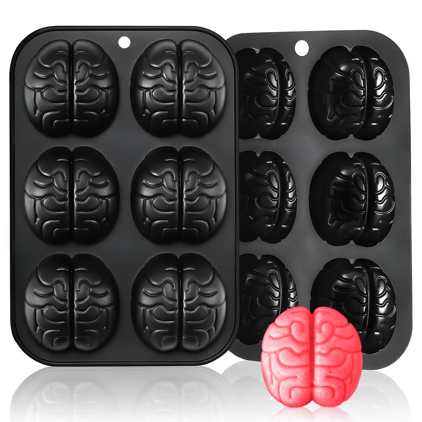 HKNMTT Halloween Brain Silicone Molds 2 Pack 6 Cavity, Spooky Brain Shape Baking Tray for Chocolate Candy Wax Melts Tarts Cupcake Pizza Cake Oven Safe Food Grade Moulds for Kids Party DIY Fun