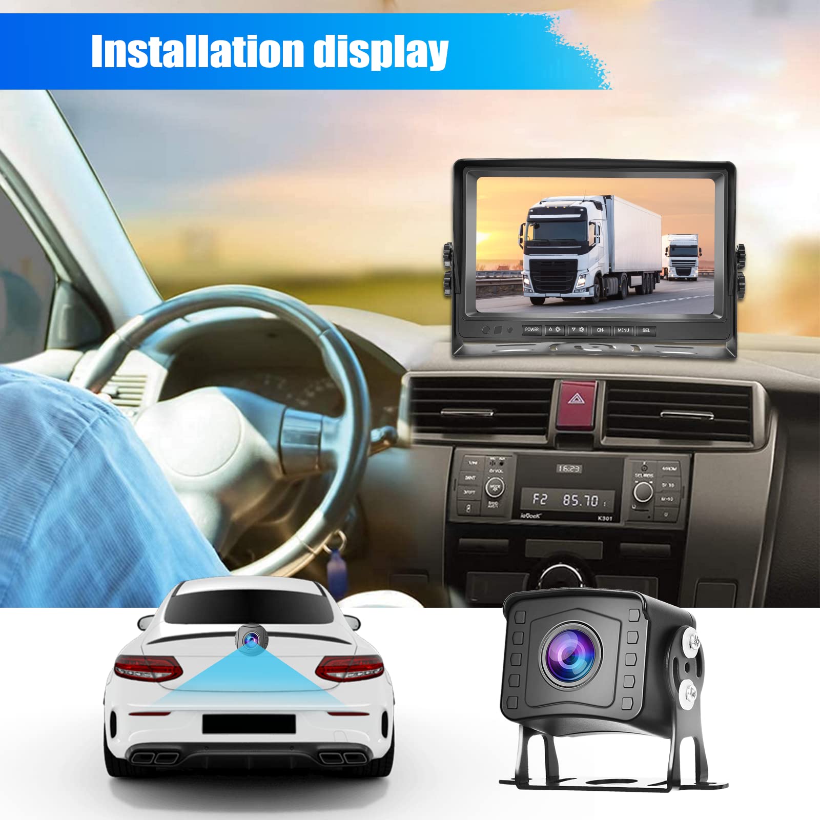 CAMECHO Cámara Marcha Atras Kit y 9 Pulgadas LCD Monitor+2* AHD Camara Trasera Coche con DVR Grabación Video, Impermeable 18IR Visión Nocturna+Cable de 2 x 10 m/12V-35V para Camion/Bus/Remolques/RV