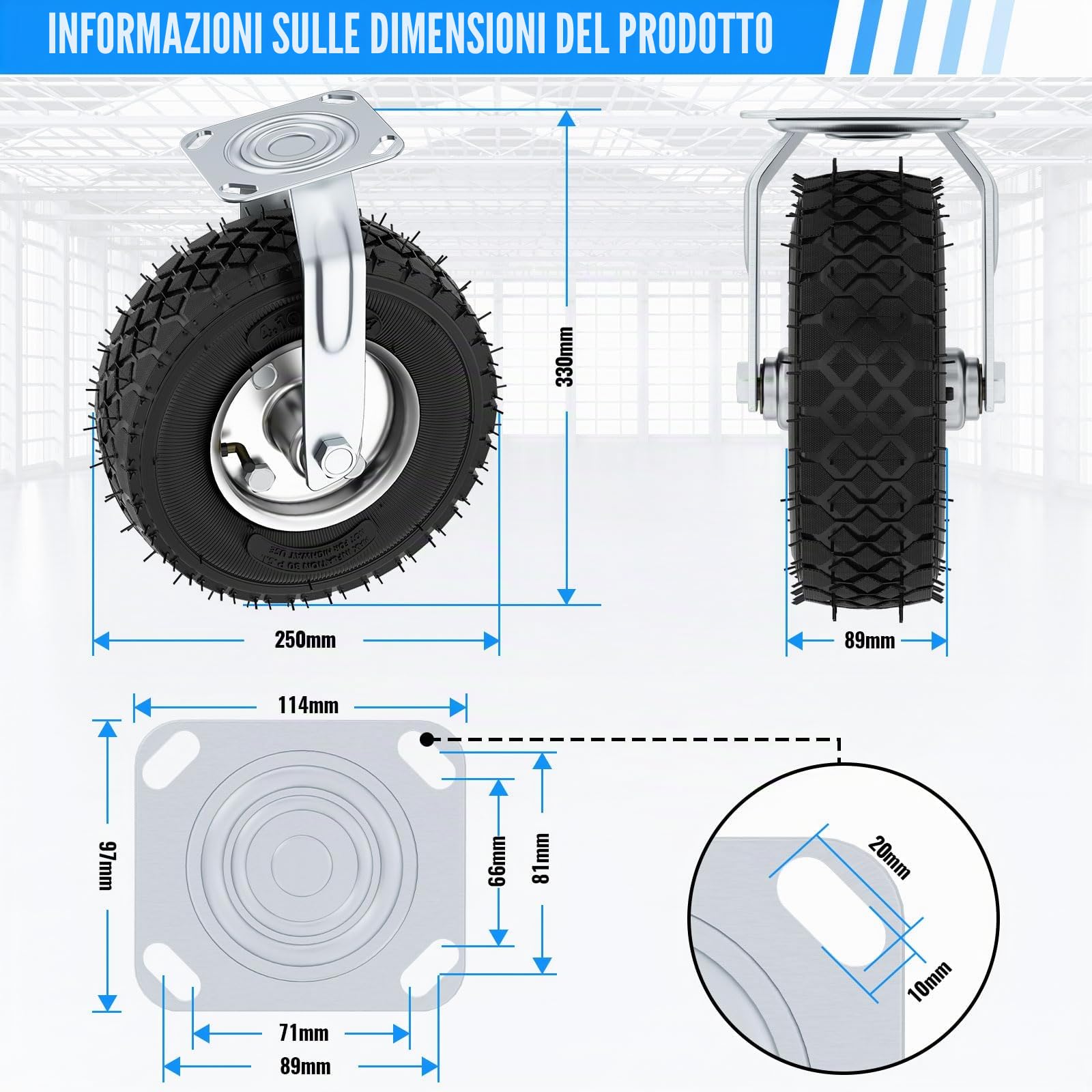 4Pcs Ruote per Carichi Pesanti Ø250mm - 2 Ruote Fisse + 2 Girevoli - Capacità 250kg - Rotelle Industriali per Carrelli, Trasporto Mobili e Uso Pesante