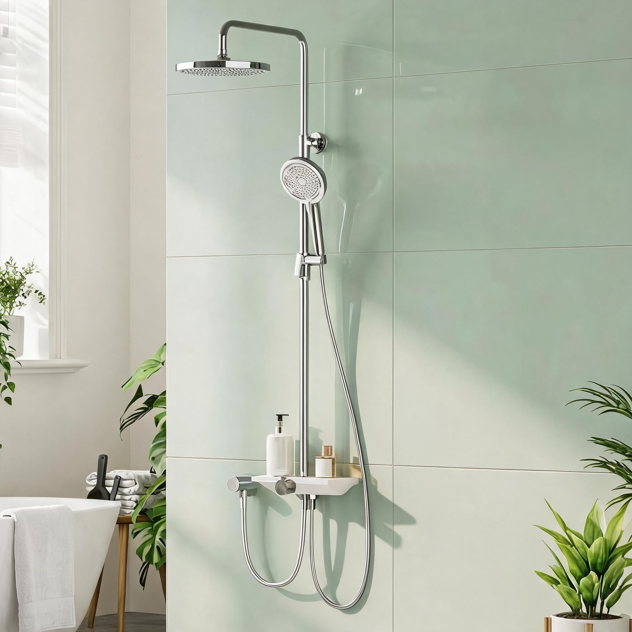 Système de douche chromé réglable en hauteur avec colonne de douche pluie