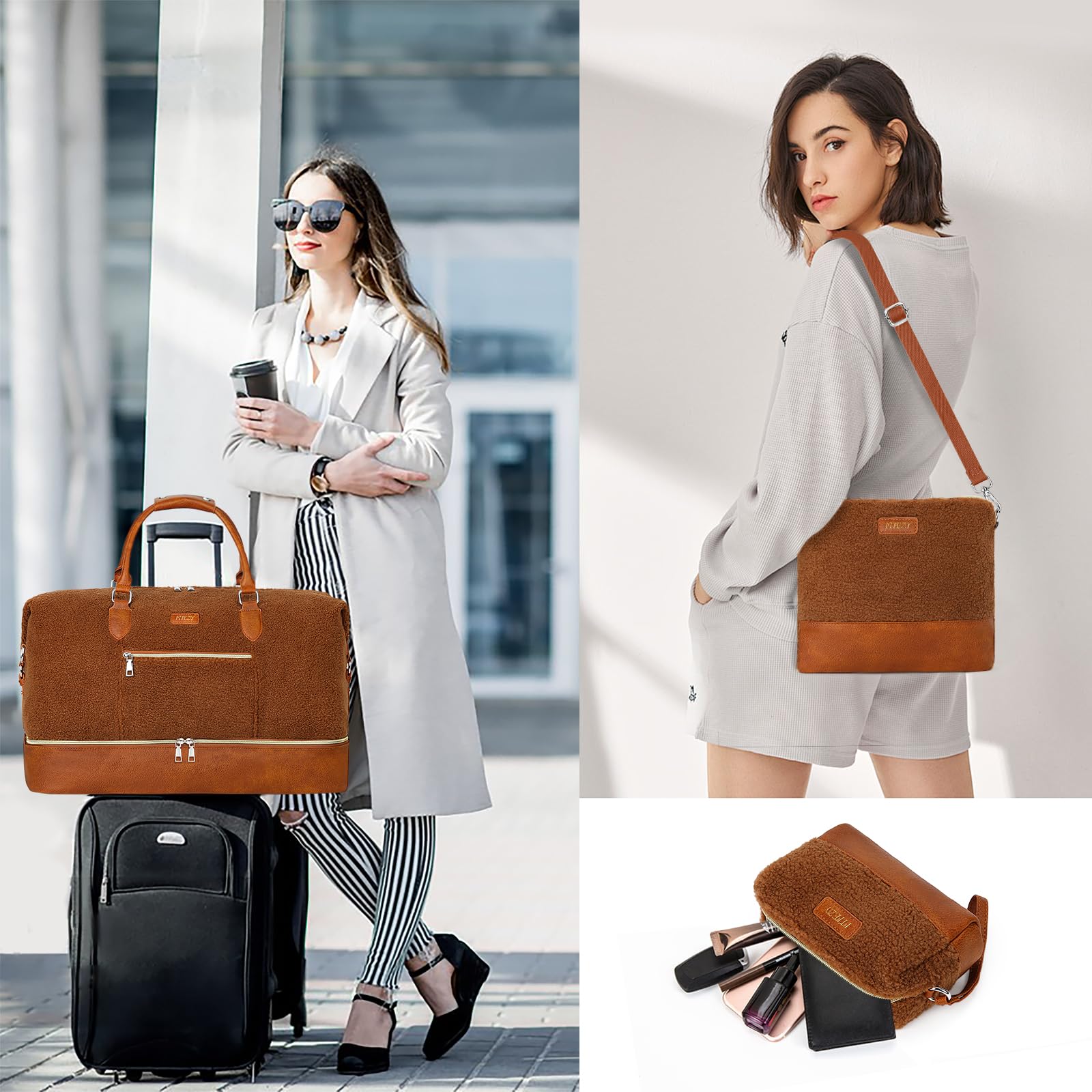 Borsone da viaggio da donna, borsa da viaggio con scomparto per scarpe, grande borsa da viaggio in nylon per il fine settimana, 8a-marrone, L, Moderno e Funzionale