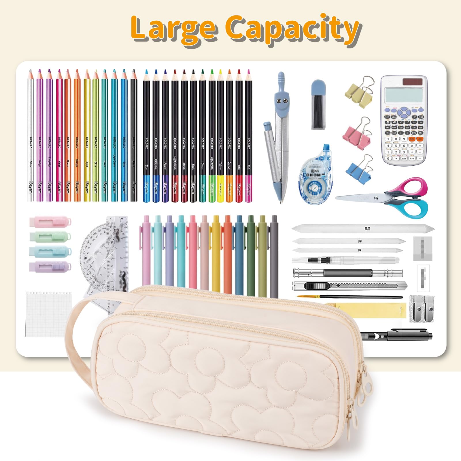 Bunnychic Pencil Case for Girls,Flower Quilted Large Capacity Pencil Pouch with 2 Compartment, Zipper Pencil Bag with Handle, Women Soft Pencil Box for Middle School Office College - Image 3