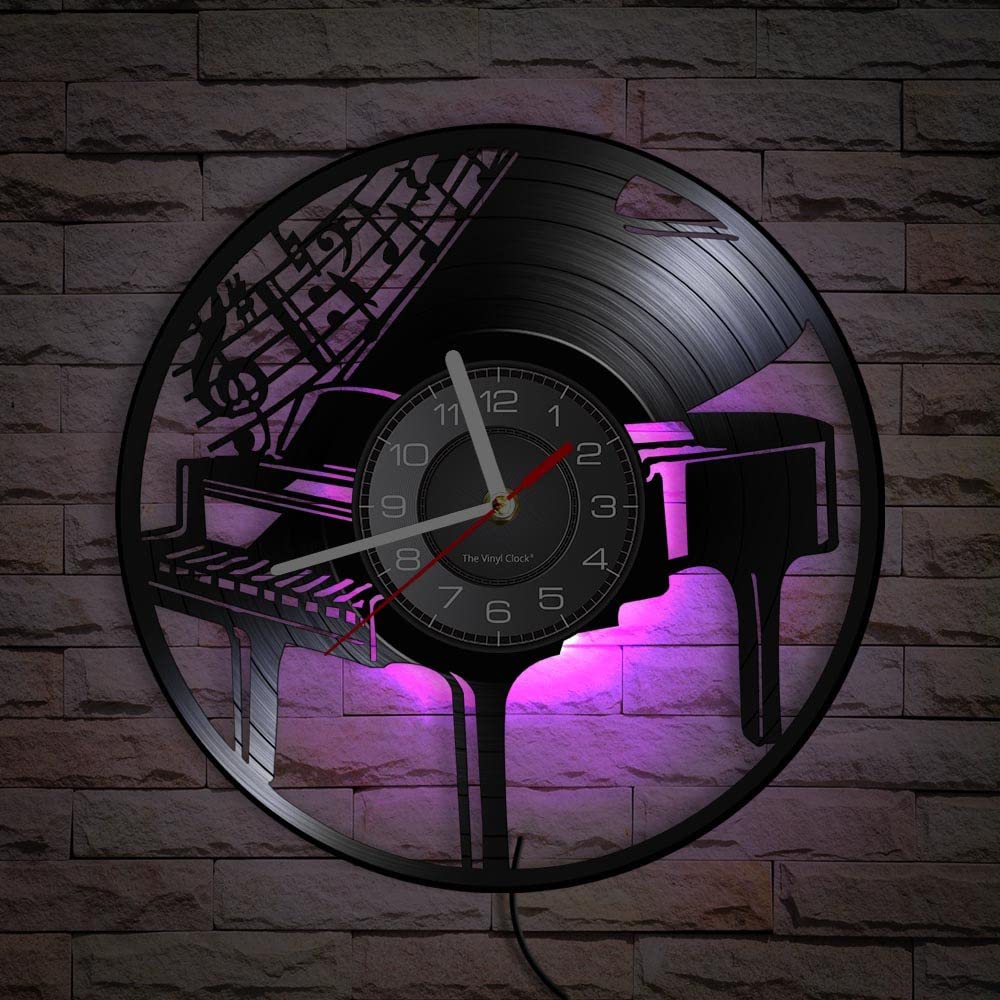 Smotly Black Vinyl Wall Clock, Piano Carved With Led Night Light Function, Wall Clock Gift For Piano Musicians.