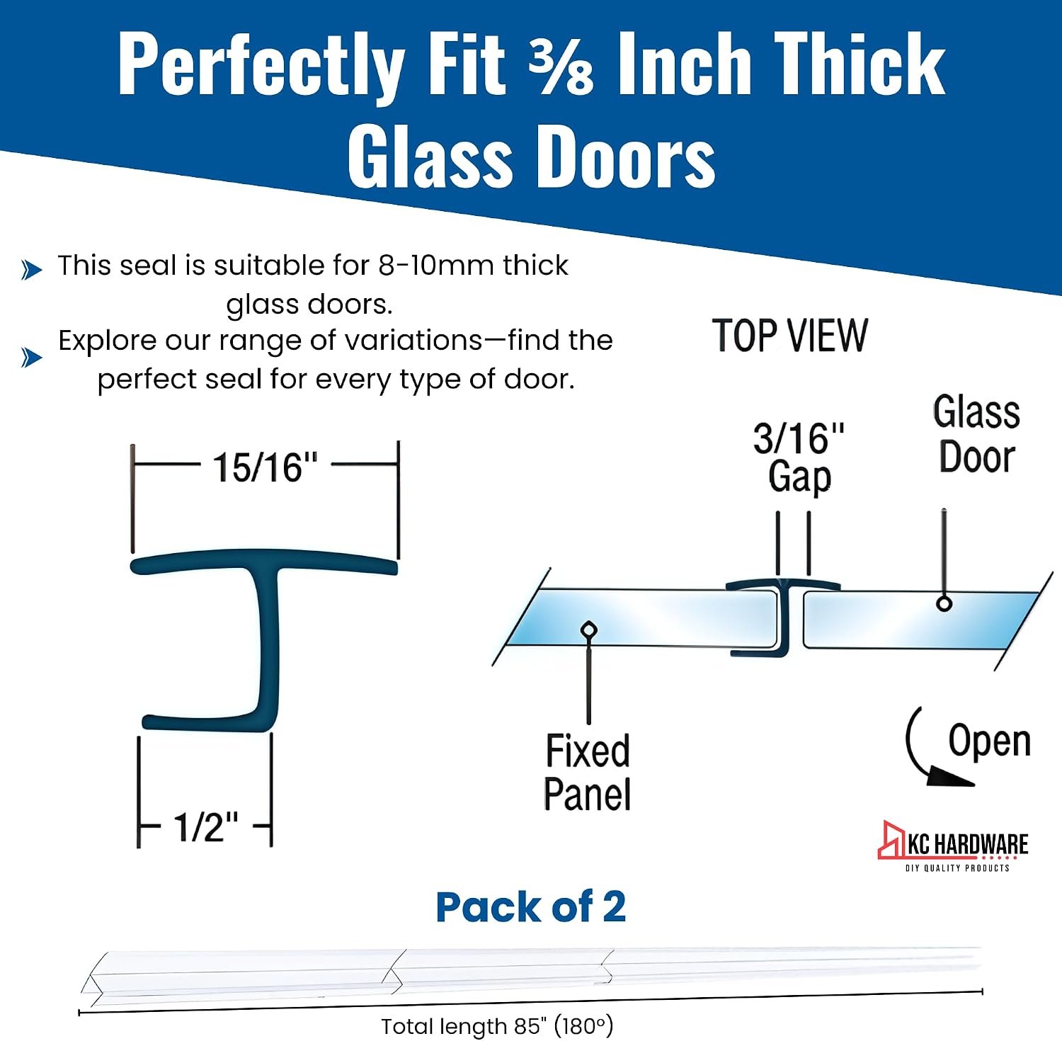 Frameless Shower Door Side Seal Strip H-Type 180 Degree 85 inches Length, Clear (2, 3/8 inches Glass)