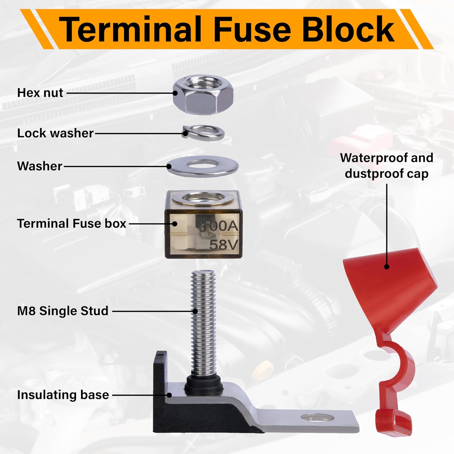 MRBF Terminal Fuse Block, 250A 58V DC Battery Terminal Fuse, 5/16" (M8) Single Stud Marine Battery Fuses with Max IP66 Waterproof Cap for Boat Truck RV Construction Vehicles
