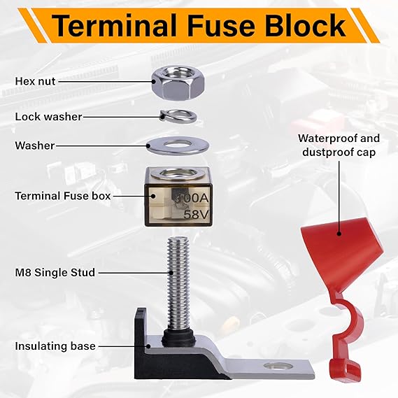 MRBF Terminal Fuse Block, 75A 58V DC Battery Terminal Fuse, 5/16 (M8) Single Stud Marine Battery Fuses with Max IP66 Waterproof Cap for Boat Truck RV Construction Vehicles