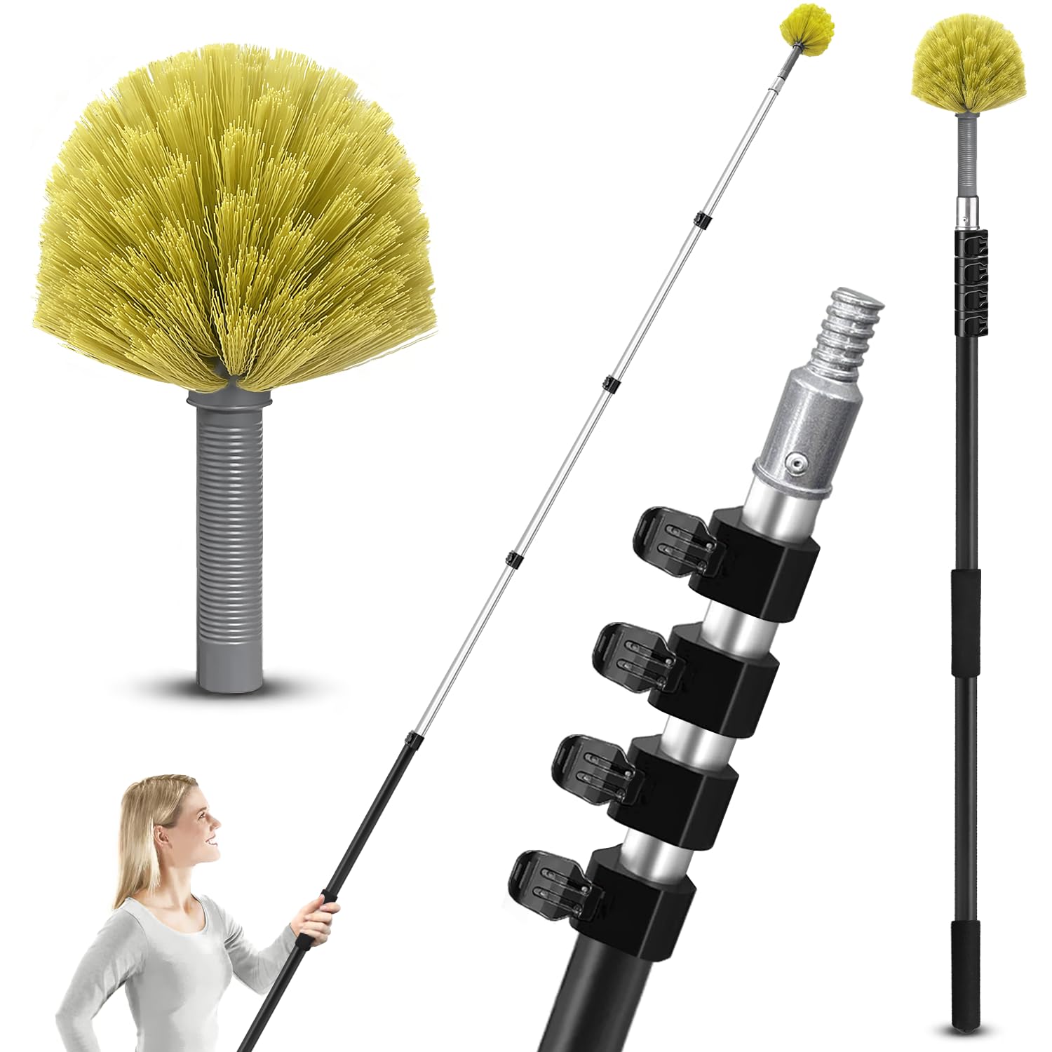 ARTIPOLY Plumero de 6 m con Mango telescópico, Color Amarillo | 1,5 – 6 m de largo, con cerdas para limpieza en interiores y exteriores, 5 etapas de telaraña, para techos y paredes,