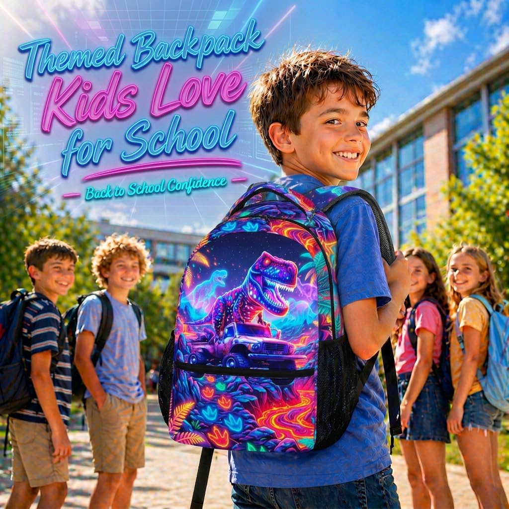 Kids Boys Backpack Dinosaur Backpacks for School Casual Travel, Cool Truck Bookbag for Kindergarten Preschool Primary